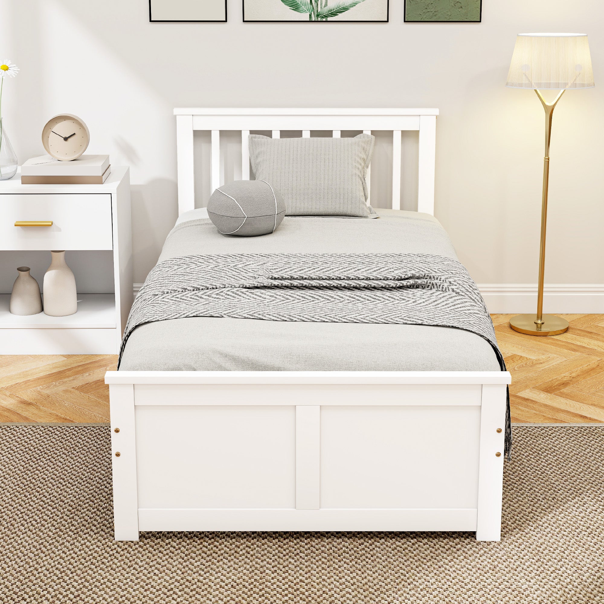 Cadre de Lit 90x190cm en Bois Massif, Lit Coffre avec 2 Tiroirs sur Roulettes, Tête de Lit, Pied de Lit, Sommier à Lattes, Sans Bruit, Blanc
