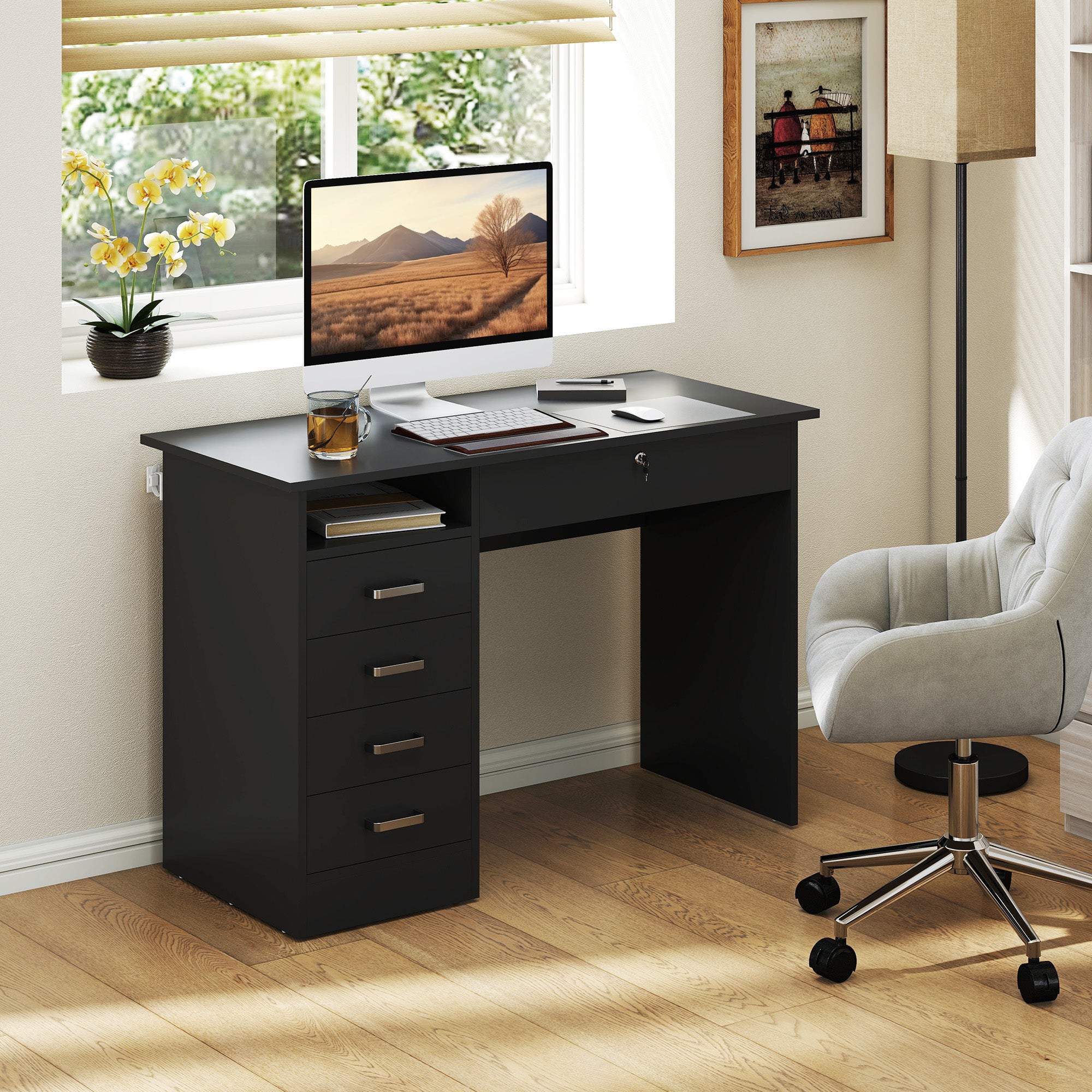 Bureau informatique table d'ordinateur avec grand plateau, 5 tiroirs, 1 compartiment ouvert, tiroir verrouillable, moderne 110 x 50 x 76 cm, noir