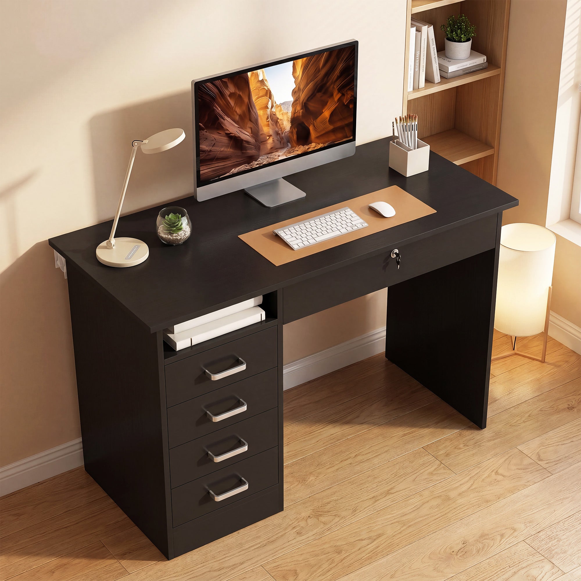 Bureau informatique table d'ordinateur avec grand plateau, 5 tiroirs, 1 compartiment ouvert, tiroir verrouillable, moderne 110 x 50 x 76 cm, noir