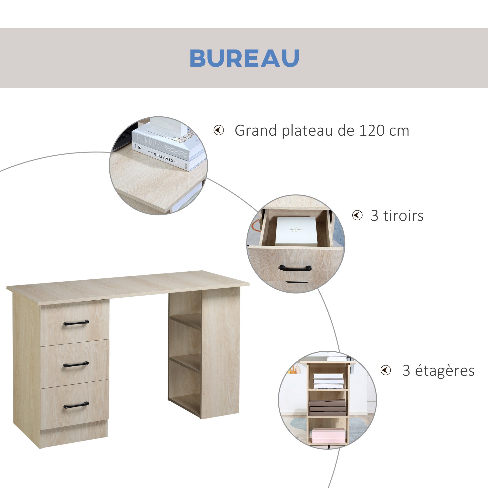 Bureau avec rangement, table informatique 120 x 50 cm, bureau d'ordinateur avec étagères et tiroirs, pour petits espaces, chambre à coucher, bois naturel
