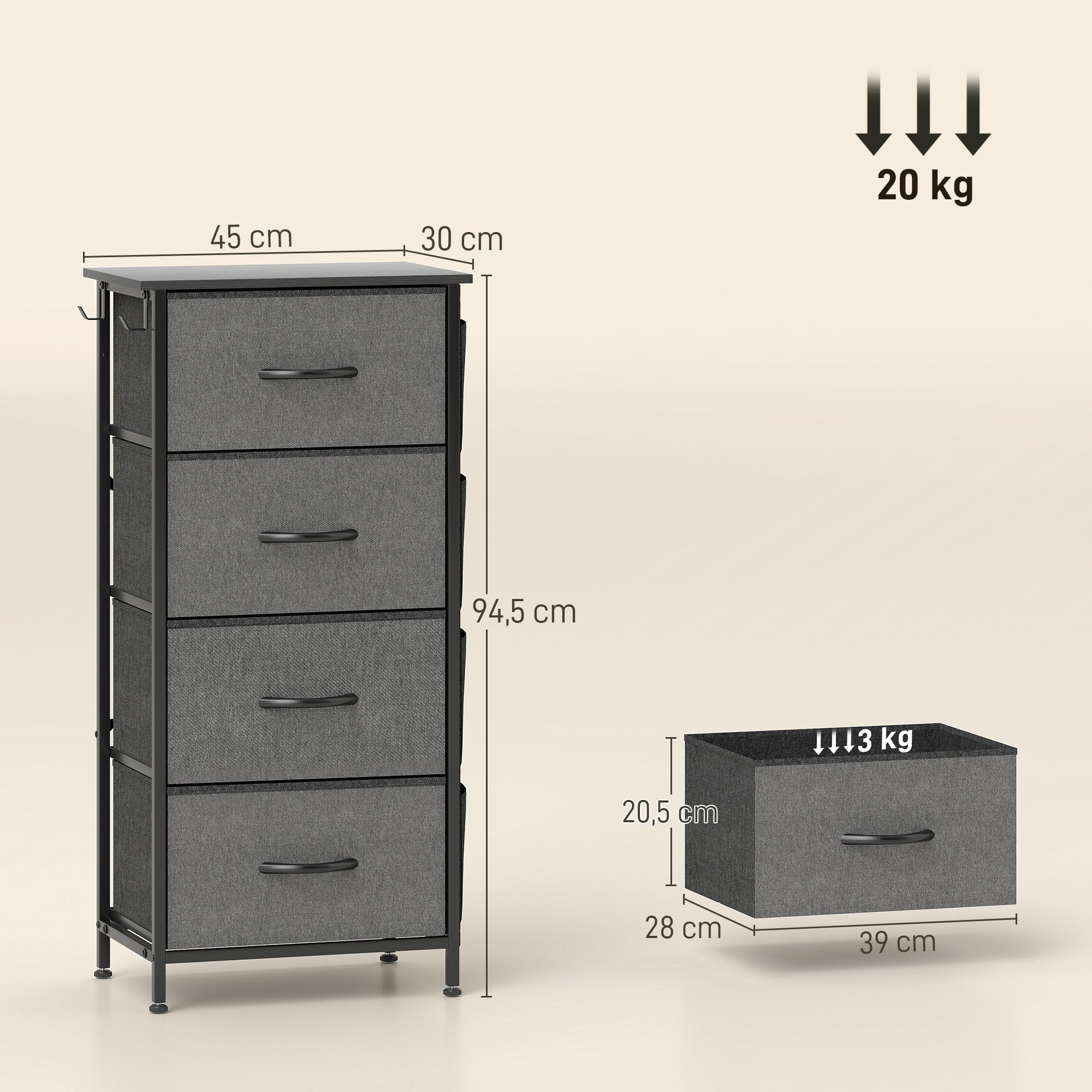 Commode 4 tiroirs en tissu, meuble de rangement avec 4 poches, 2 crochets, structure en acier, chiffonnier pour salon, chambre, entrée, gris