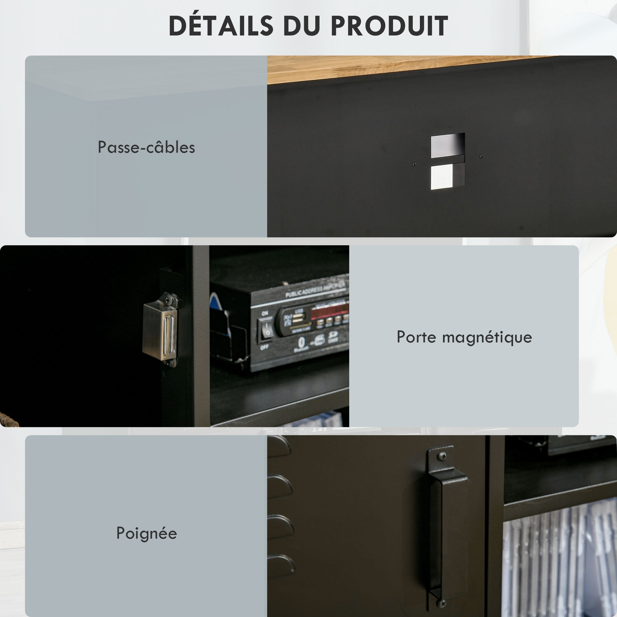 Meuble TV Banc TV pour téléviseurs de 55'' avec 2 Placards Pieds Réglables Cadre métalique noir Plateau en Bois Naturel 150 x 40 x 50 cm