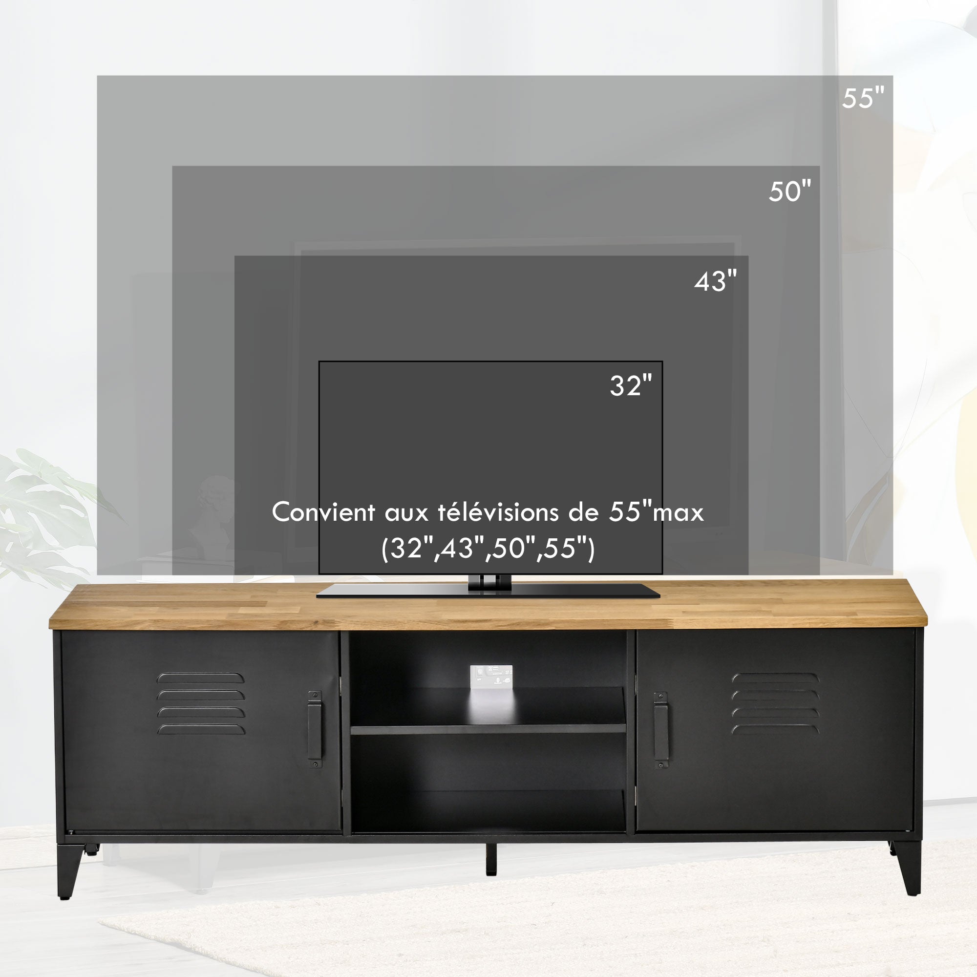 Meuble TV Banc TV pour téléviseurs de 55'' avec 2 Placards Pieds Réglables Cadre métalique noir Plateau en Bois Naturel 150 x 40 x 50 cm