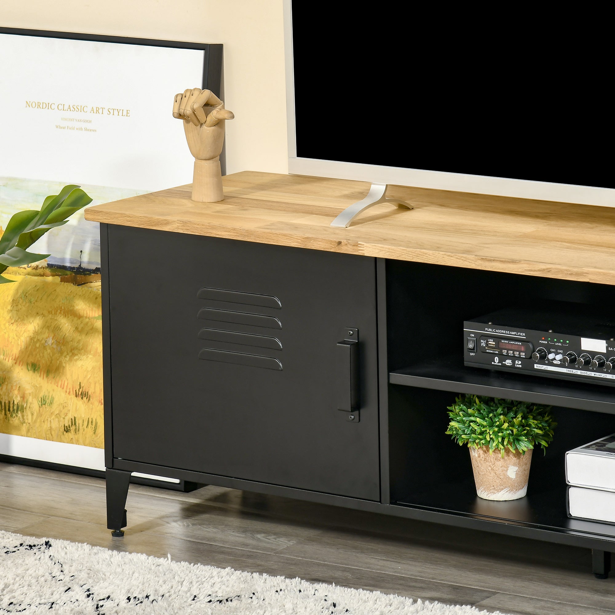 Meuble TV Banc TV pour téléviseurs de 55'' avec 2 Placards Pieds Réglables Cadre métalique noir Plateau en Bois Naturel 150 x 40 x 50 cm