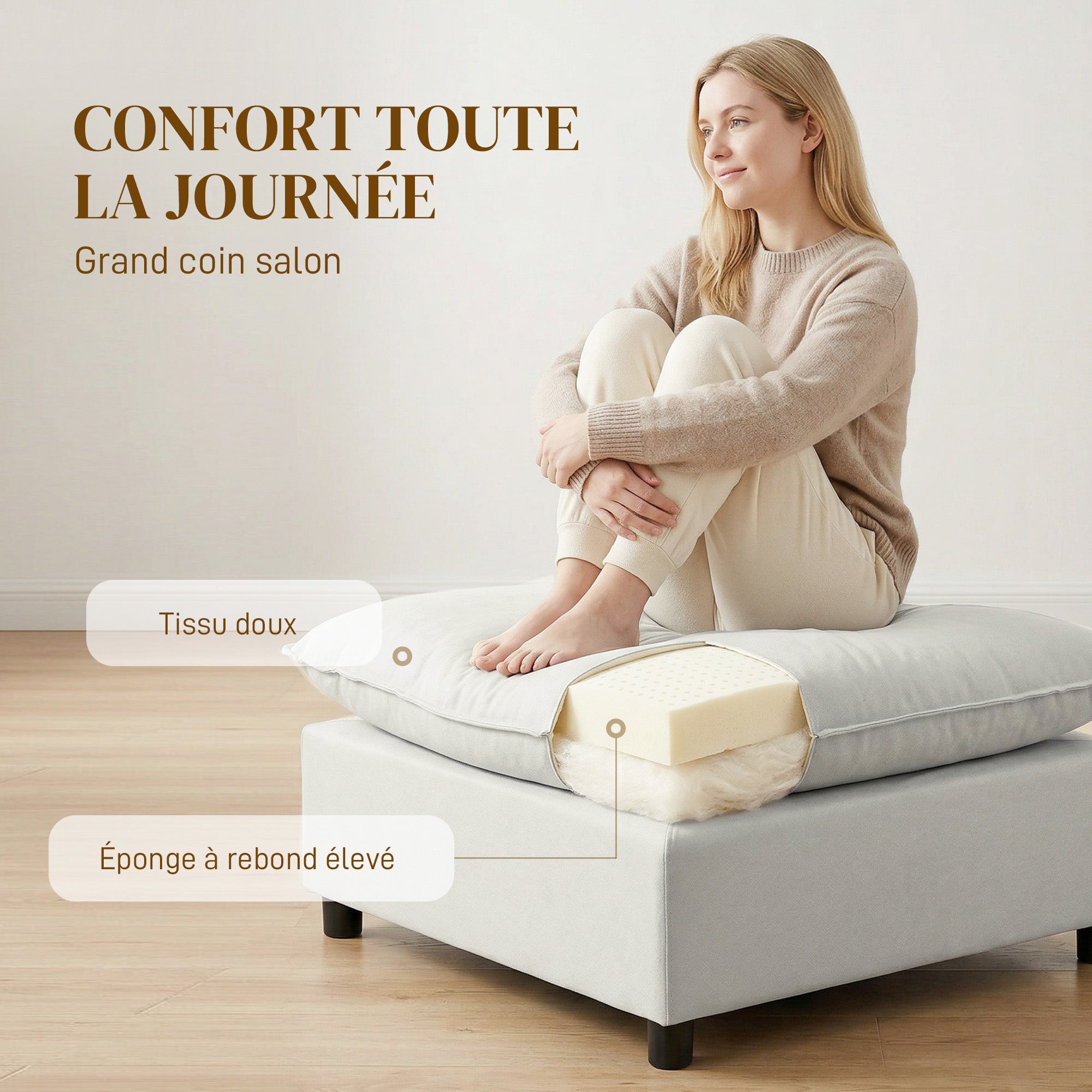 Repose pied salon carré, ottoman, siège rembourré avec pieds en plastique, pouf salon pour chambre à coucher, entrée, 75 x 75 x 40 cm, gris