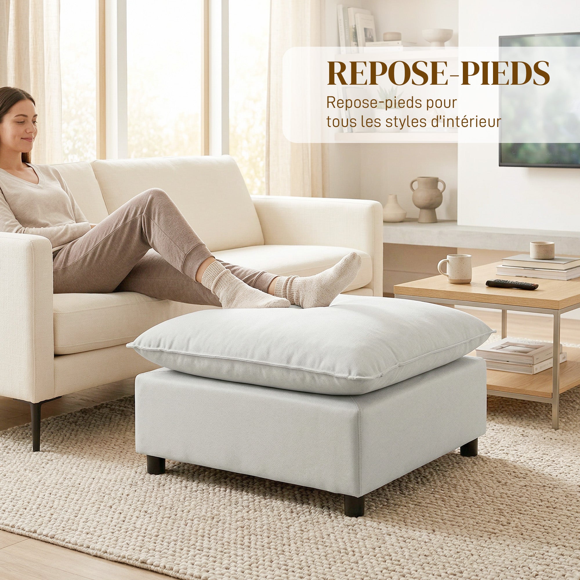 Repose pied salon carré, ottoman, siège rembourré avec pieds en plastique, pouf salon pour chambre à coucher, entrée, 75 x 75 x 40 cm, gris