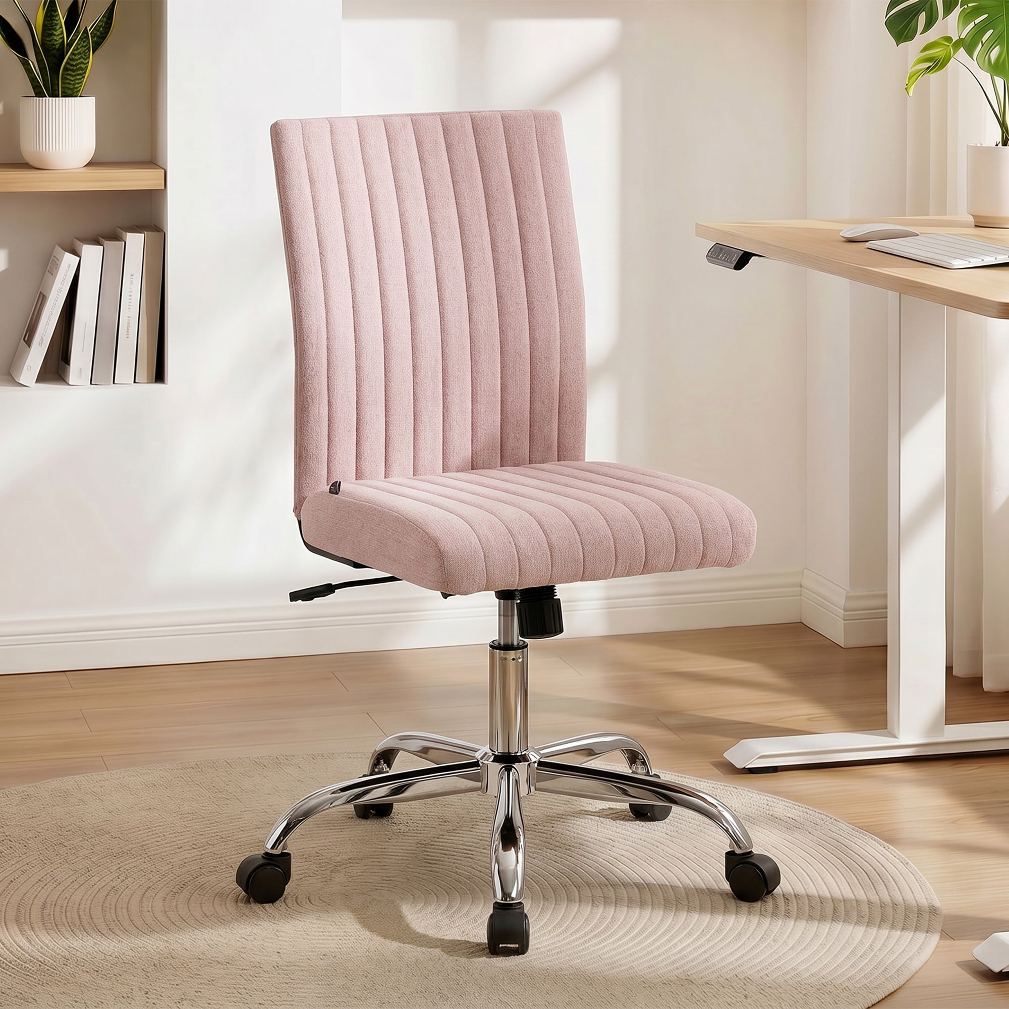 Chaise de bureau sans accoudoirs, fauteuil de bureau, hauteur réglable, fonction de bascule, dossier haut et pivotant 360°, chaise d'ordinateur moderne pour chambre, salon, rose