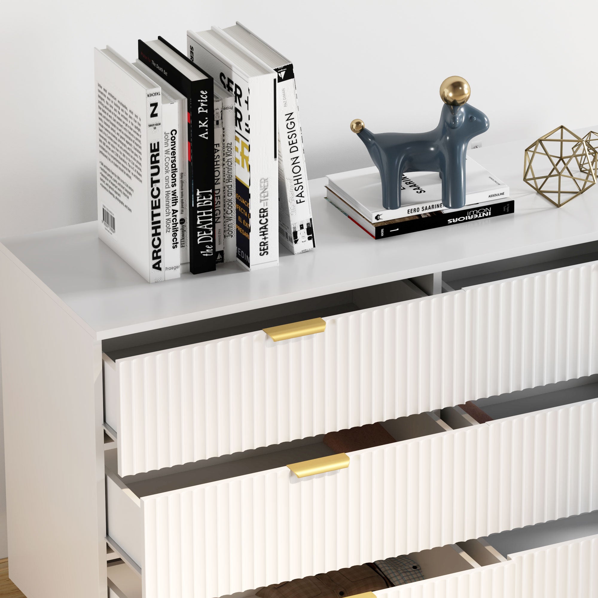 Commode 6 tiroirs commode chambre meuble de rangement moderne avec poignées et pieds dorés, pour chambre à coucher, salon, dim. 120 x 40 x 76,5 cm, blanc