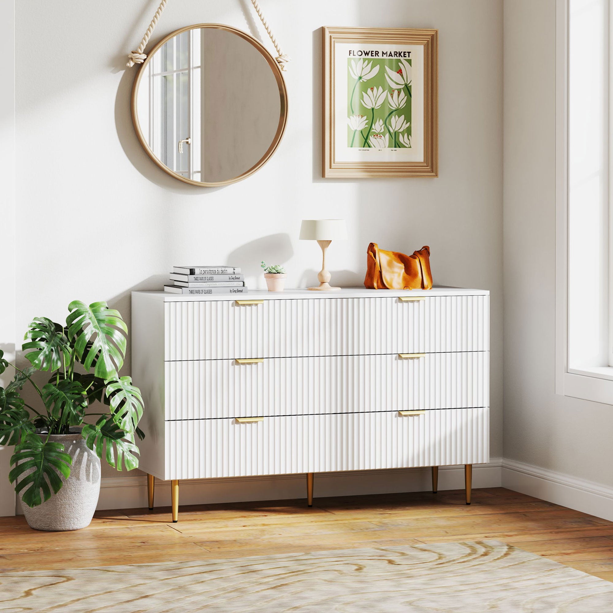 Commode 6 tiroirs commode chambre meuble de rangement moderne avec poignées et pieds dorés, pour chambre à coucher, salon, dim. 120 x 40 x 76,5 cm, blanc