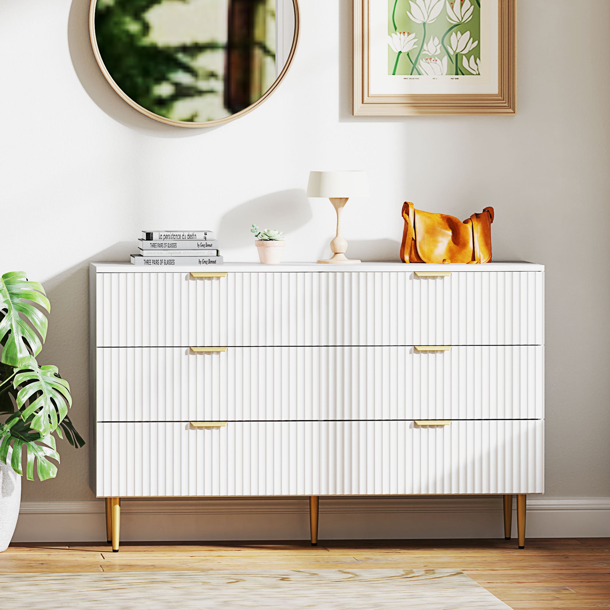 Commode 6 tiroirs commode chambre meuble de rangement moderne avec poignées et pieds dorés, pour chambre à coucher, salon, dim. 120 x 40 x 76,5 cm, blanc