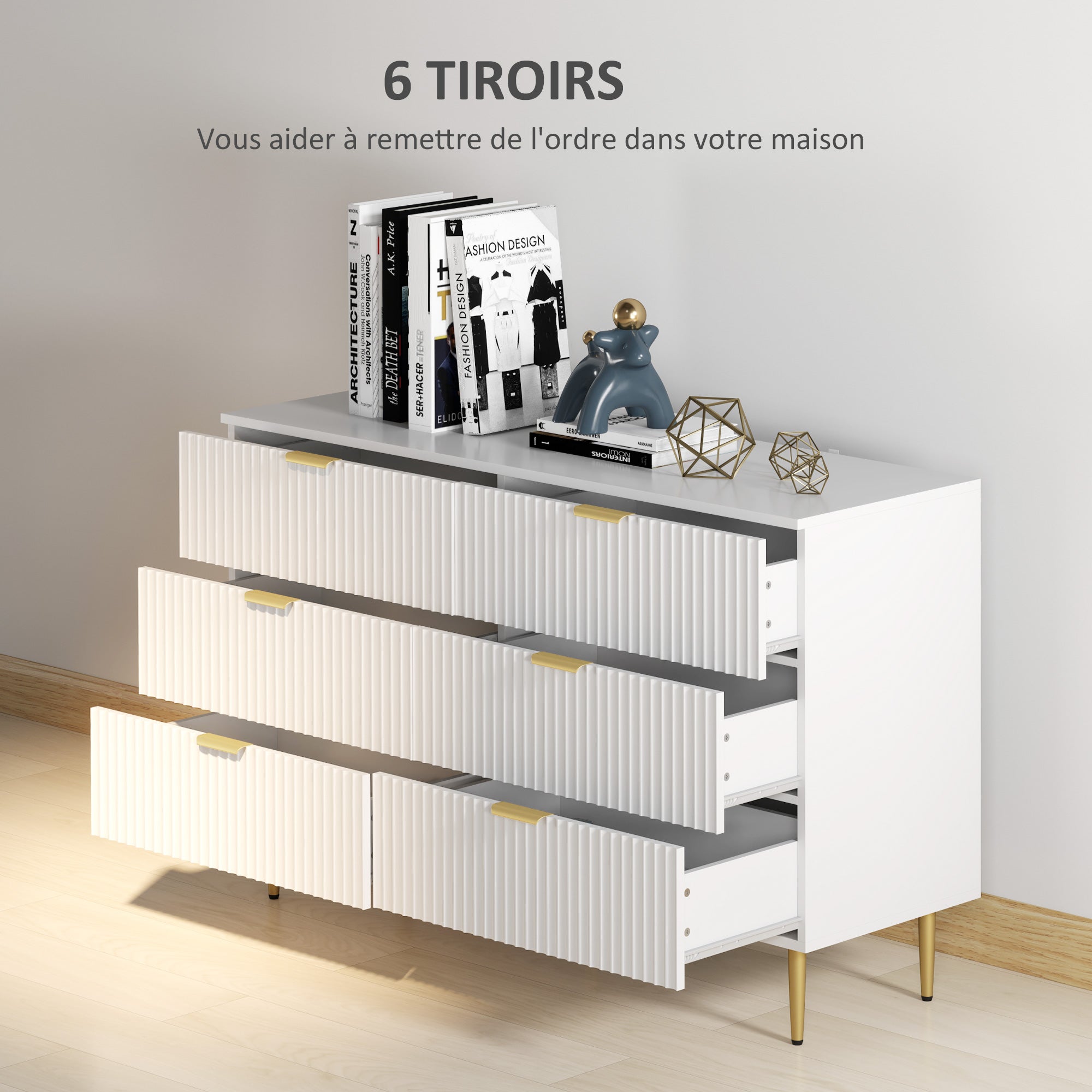 Commode 6 tiroirs commode chambre meuble de rangement moderne avec poignées et pieds dorés, pour chambre à coucher, salon, dim. 120 x 40 x 76,5 cm, blanc
