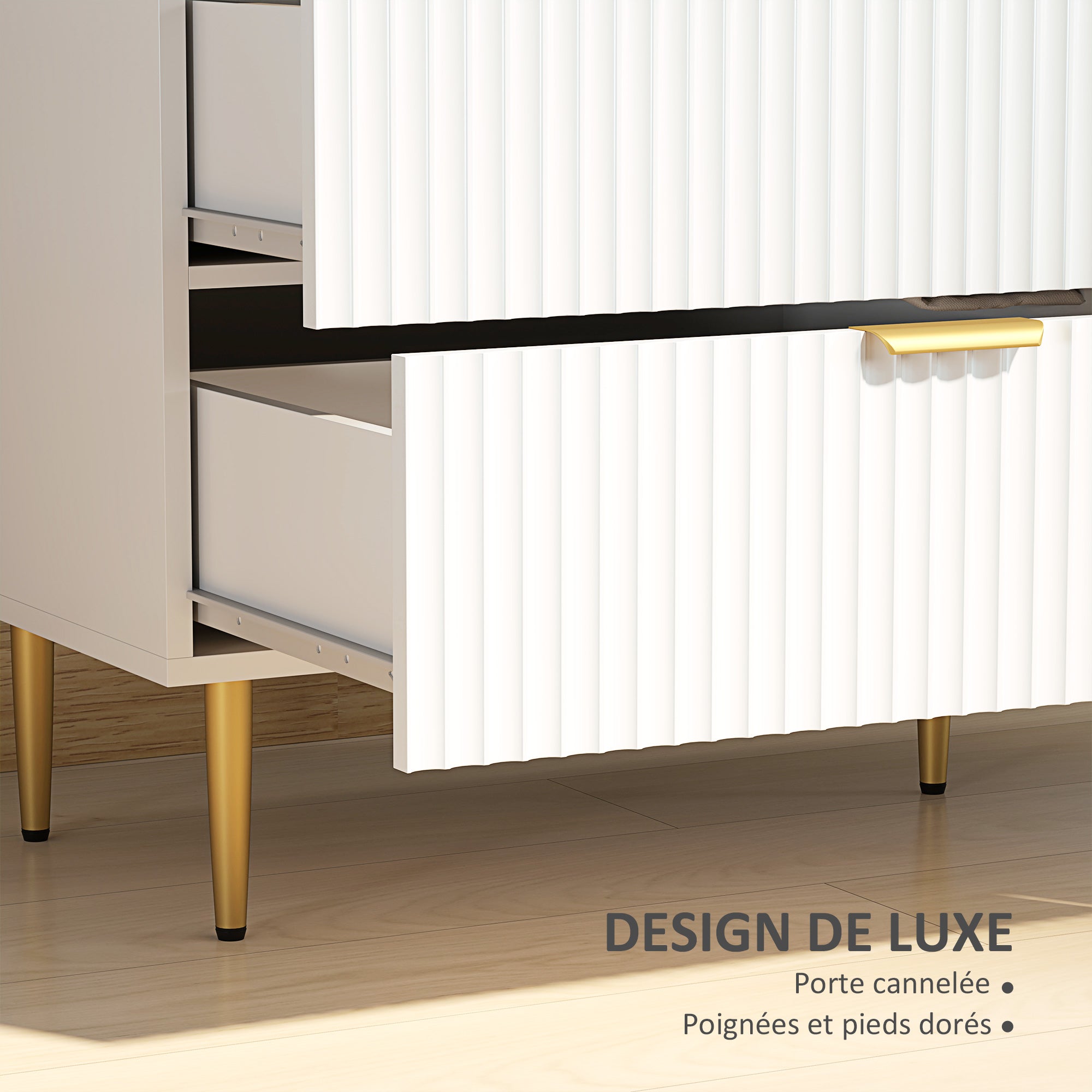 Commode 6 tiroirs commode chambre meuble de rangement moderne avec poignées et pieds dorés, pour chambre à coucher, salon, dim. 120 x 40 x 76,5 cm, blanc
