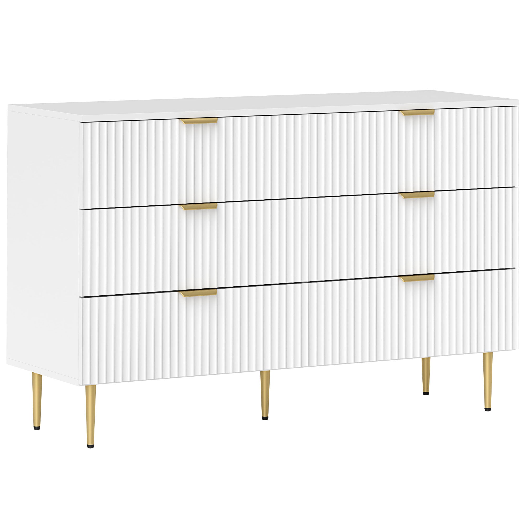 Commode 6 tiroirs commode chambre meuble de rangement moderne avec poignées et pieds dorés, pour chambre à coucher, salon, dim. 120 x 40 x 76,5 cm, blanc