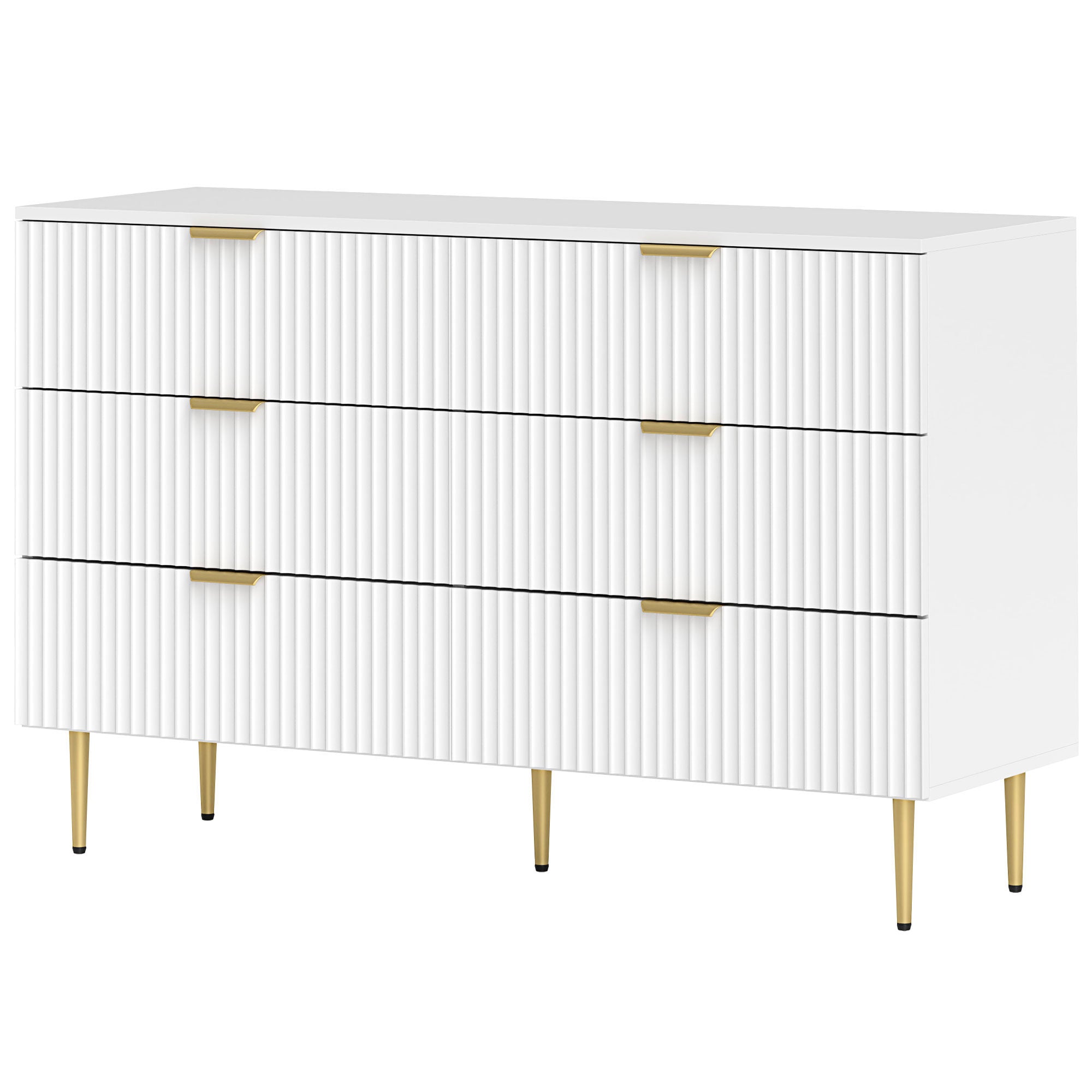 Commode 6 tiroirs commode chambre meuble de rangement moderne avec poignées et pieds dorés, pour chambre à coucher, salon, dim. 120 x 40 x 76,5 cm, blanc