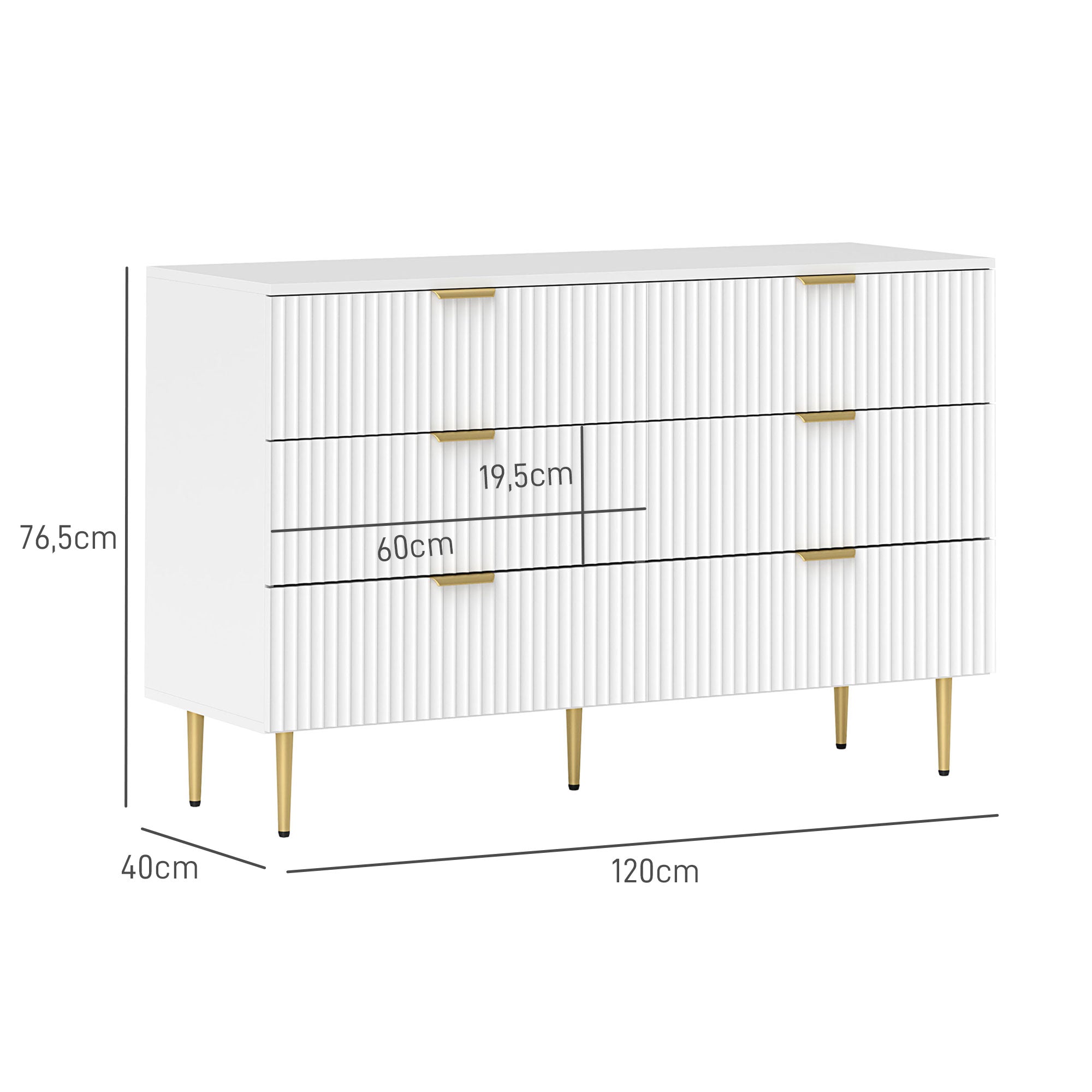 Commode 6 tiroirs commode chambre meuble de rangement moderne avec poignées et pieds dorés, pour chambre à coucher, salon, dim. 120 x 40 x 76,5 cm, blanc