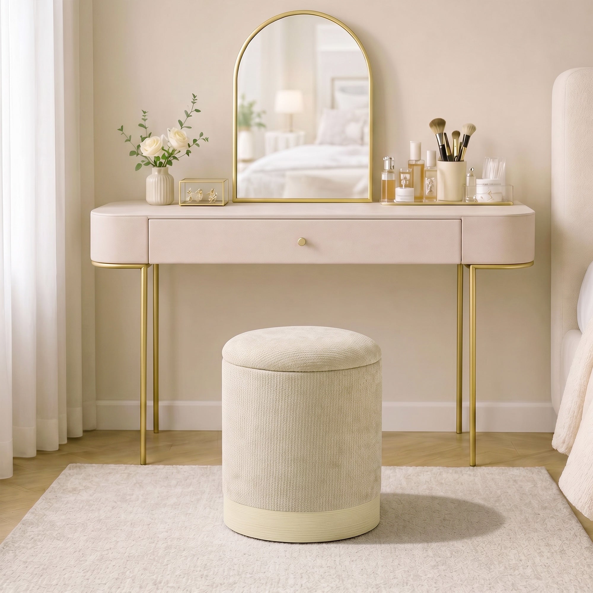 Pouf coffre rangement, tabouret rond en chenille, pouf repose-pieds avec base en métal effet bois, pour la chambre à coucher, entrée, salon, charge 120 Kg, Ø 38 x 45 cm, beige