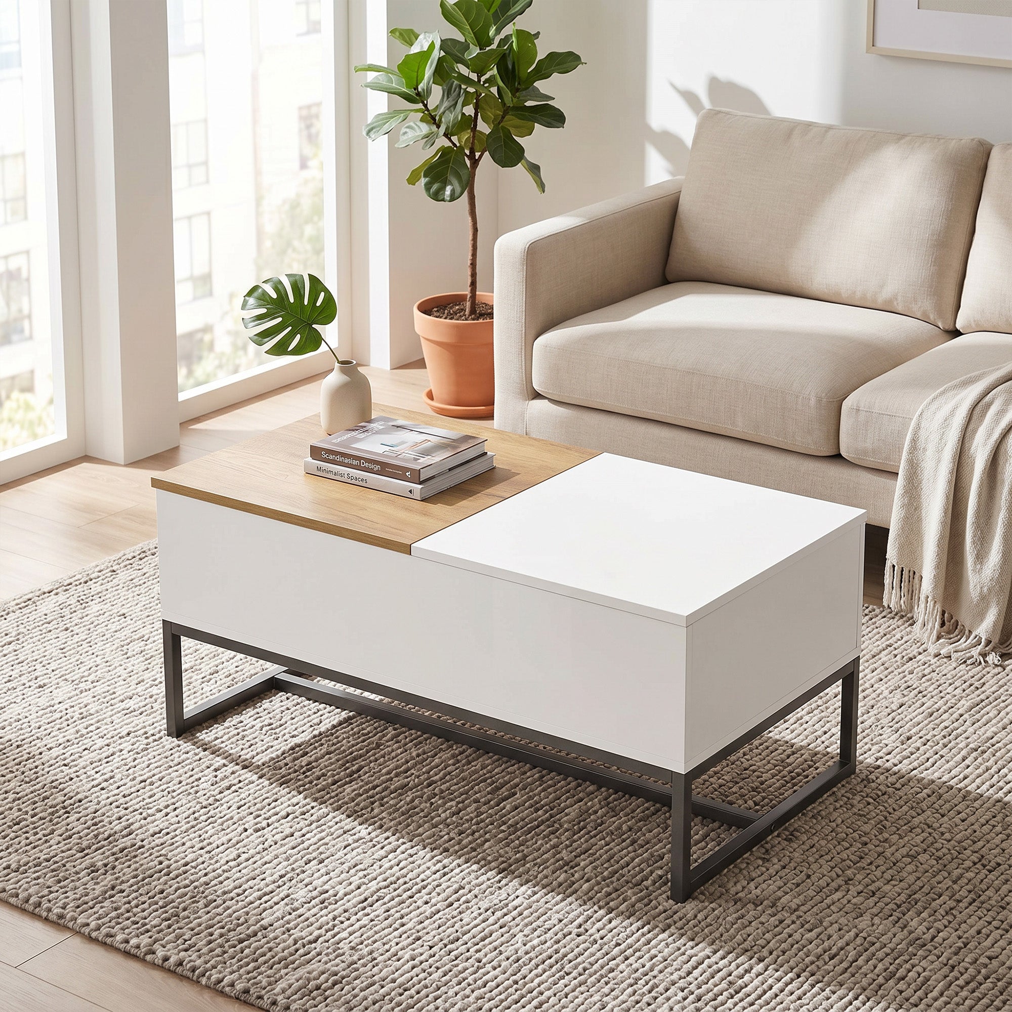 Table Basse Extensible avec Plateau Coulissant, Table de Salon avec Rangement Caché et Pieds en Acier, Style Moderne, pour Chambre, Séjour et Bureau, 100 x 50 x 45 cm, Blanc