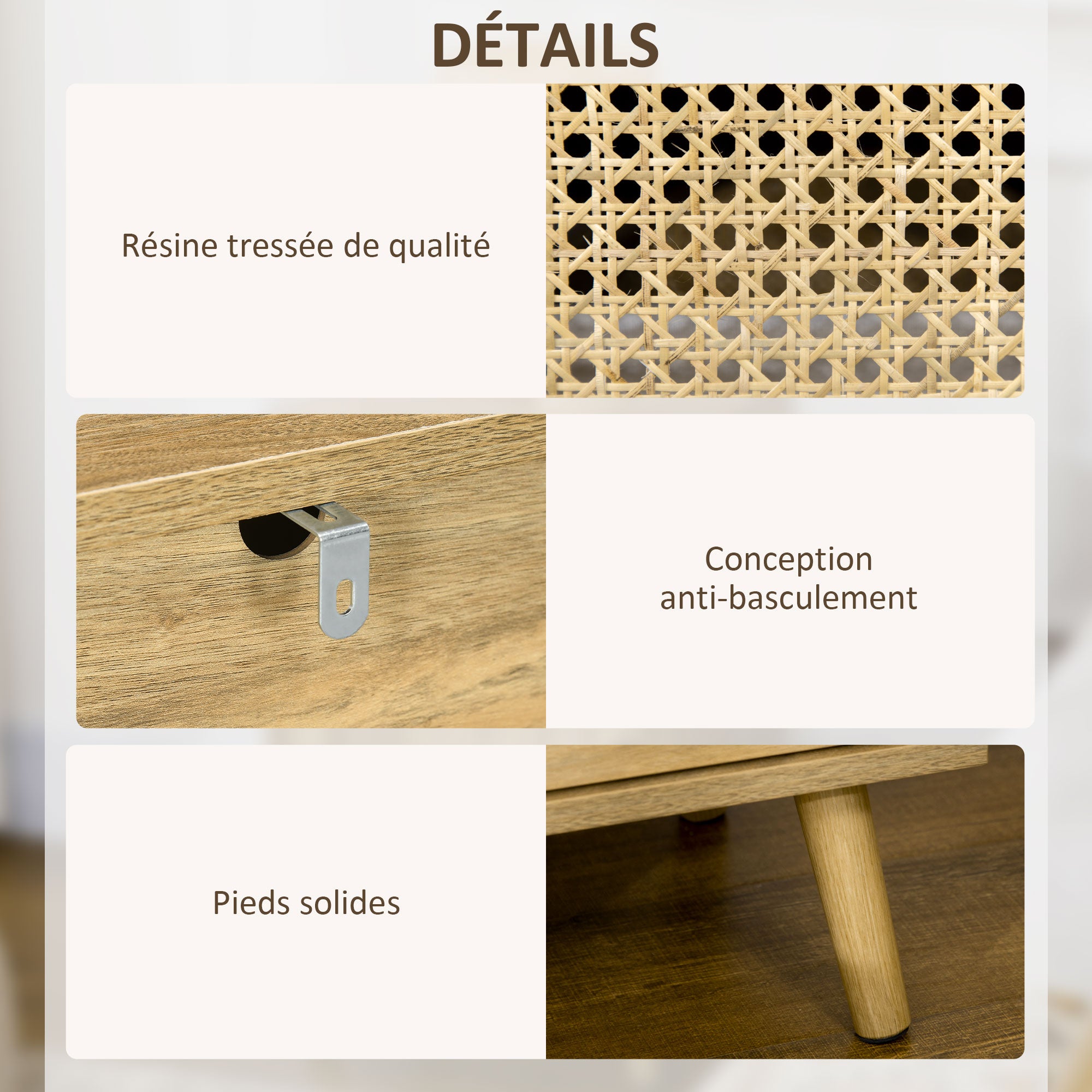 Table de chevet table de nuit avec placard porte cannage et niche design vintage 39 x 35 x 60 cm naturel