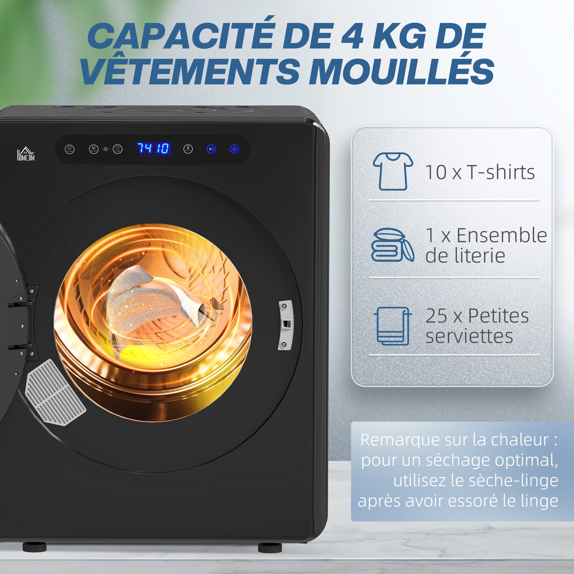 Sèche linge à évacuation compact, sèche-linge électrique 1000 W 3 Kg avec 6 modes de séchage, cuve en acier inoxydable, charge frontale, minuterie, pour appartement, maison, camping-cars, noir