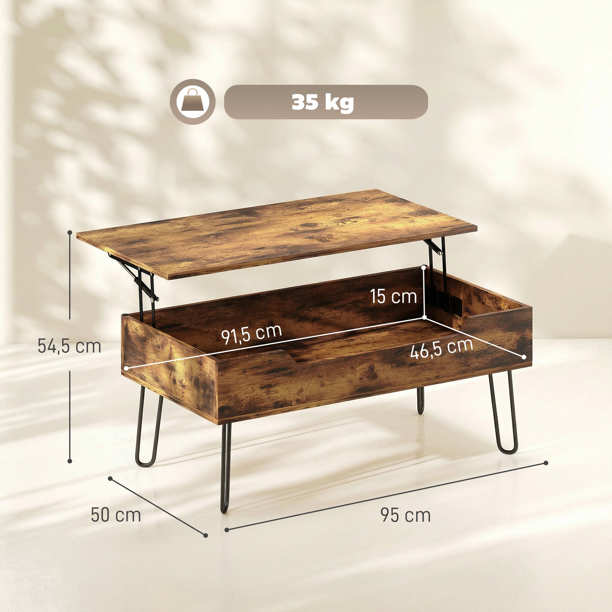 Table Basse Rectangulaire en Bois avec Grand Rangement Caché, Hauteur Réglable, Table de Salon Industrielle avec Pieds en Métal, pour Chambre, Séjour, Bureau, 95 x 50 x 40 cm, Marron Rustique