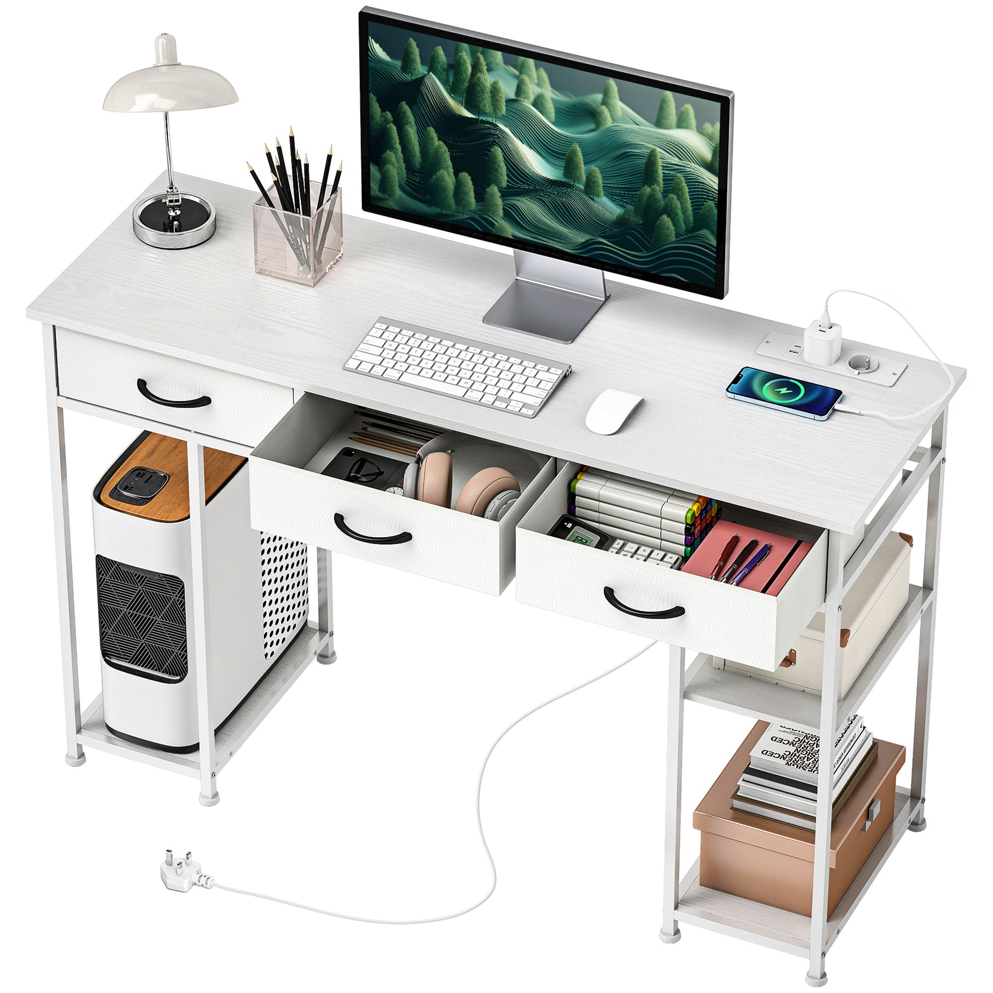 Bureau d'ordinateur avec 2 prises de charge USB et 2 prises de courant, bureau avec rangement 120 x 40 cm, étagères réglables et 3 tiroirs en tissu, poste de travail, cadre en acier, blanc