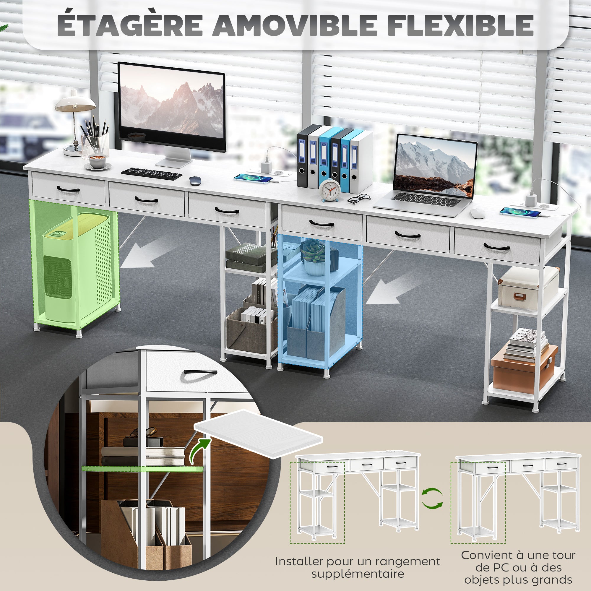Bureau d'ordinateur avec 2 prises de charge USB et 2 prises de courant, bureau avec rangement 120 x 40 cm, étagères réglables et 3 tiroirs en tissu, poste de travail, cadre en acier, blanc