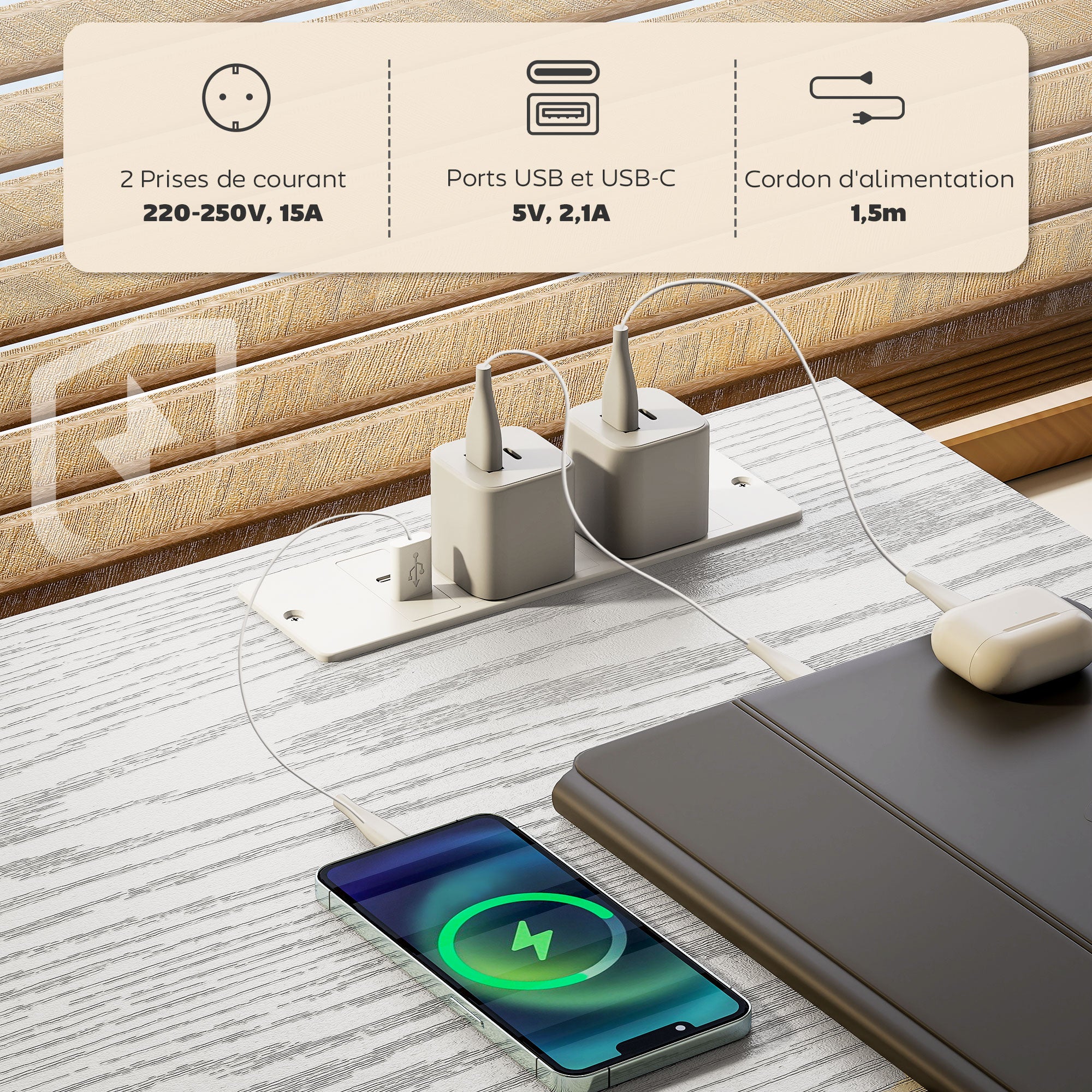 Bureau d'ordinateur avec 2 prises de charge USB et 2 prises de courant, bureau avec rangement 120 x 40 cm, étagères réglables et 3 tiroirs en tissu, poste de travail, cadre en acier, blanc