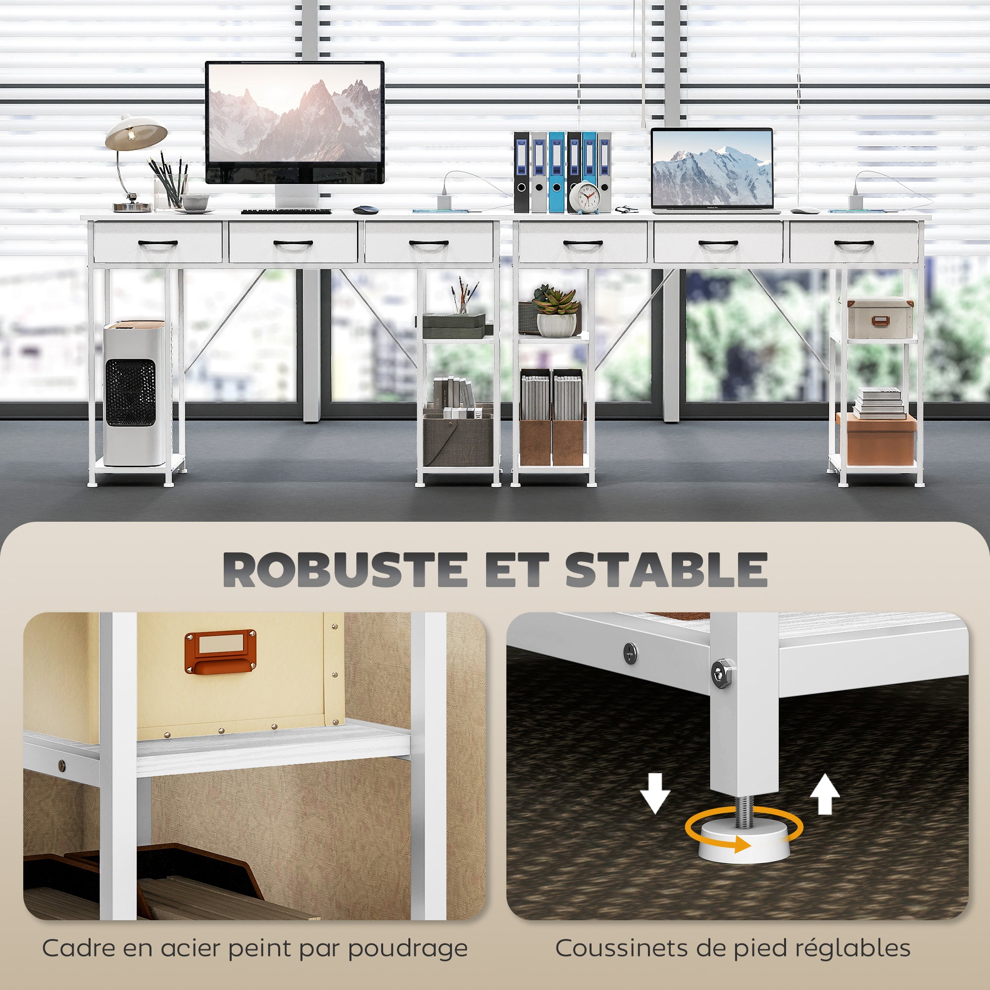 Bureau d'ordinateur avec 2 prises de charge USB et 2 prises de courant, bureau avec rangement 120 x 40 cm, étagères réglables et 3 tiroirs en tissu, poste de travail, cadre en acier, blanc