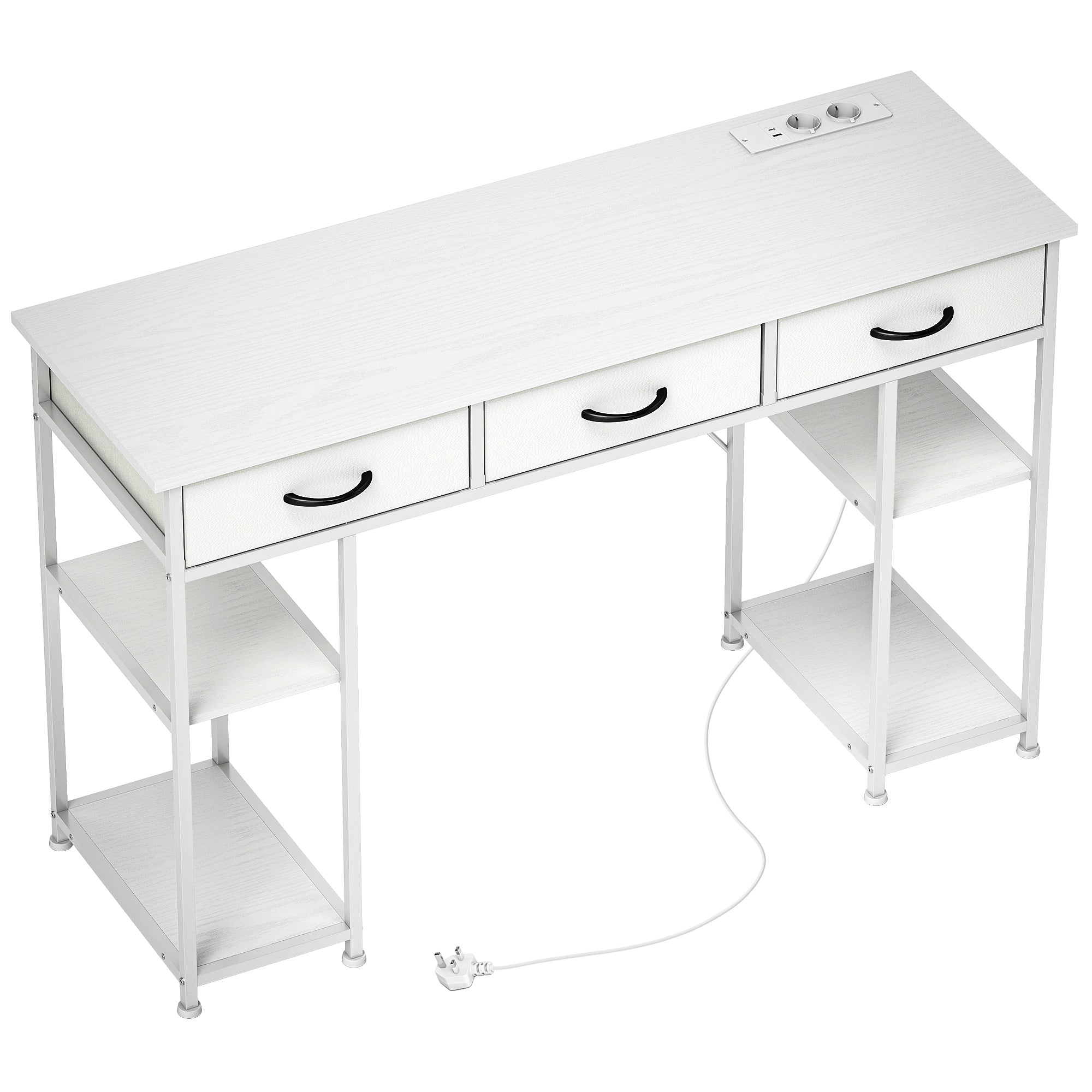 Bureau d'ordinateur avec 2 prises de charge USB et 2 prises de courant, bureau avec rangement 120 x 40 cm, étagères réglables et 3 tiroirs en tissu, poste de travail, cadre en acier, blanc