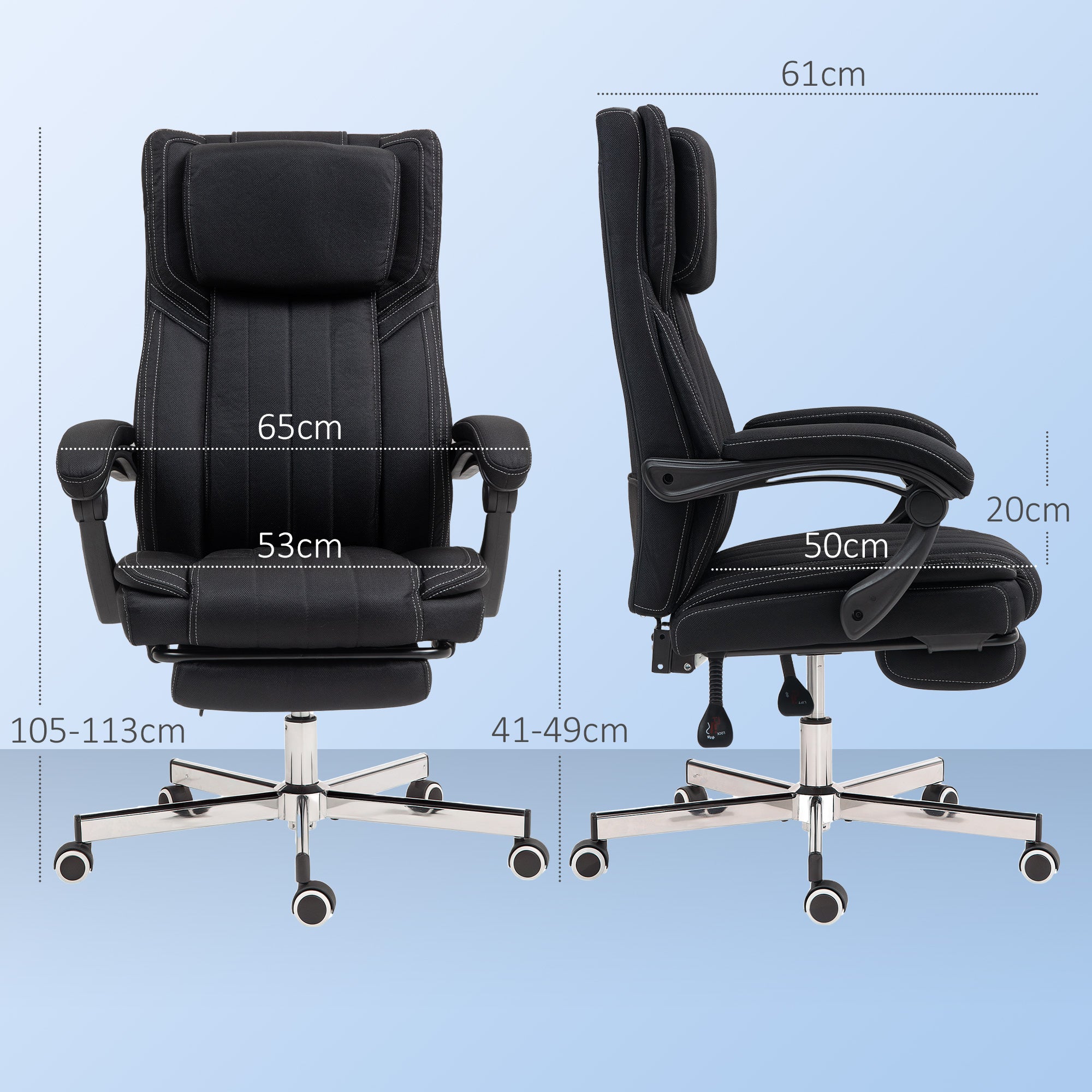 Chaise bureau fauteuil de bureau chaise ergonomique hauteur réglable dossier inclinable accoudoirs repose-pieds et appui-tête siège de bureau à roulettes pivotantes 65x61x105-113cm noir