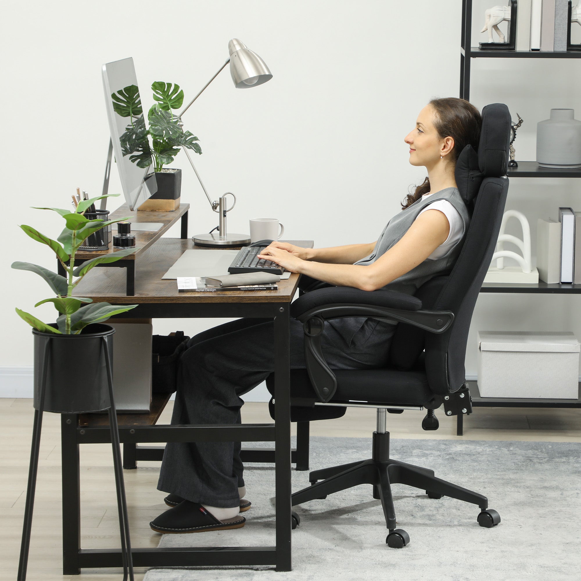 Fauteuil de bureau chaise de bureau grand confort dossier réglable repose-pied roulettes 360° lin 62 x 68 x 127 cm noir