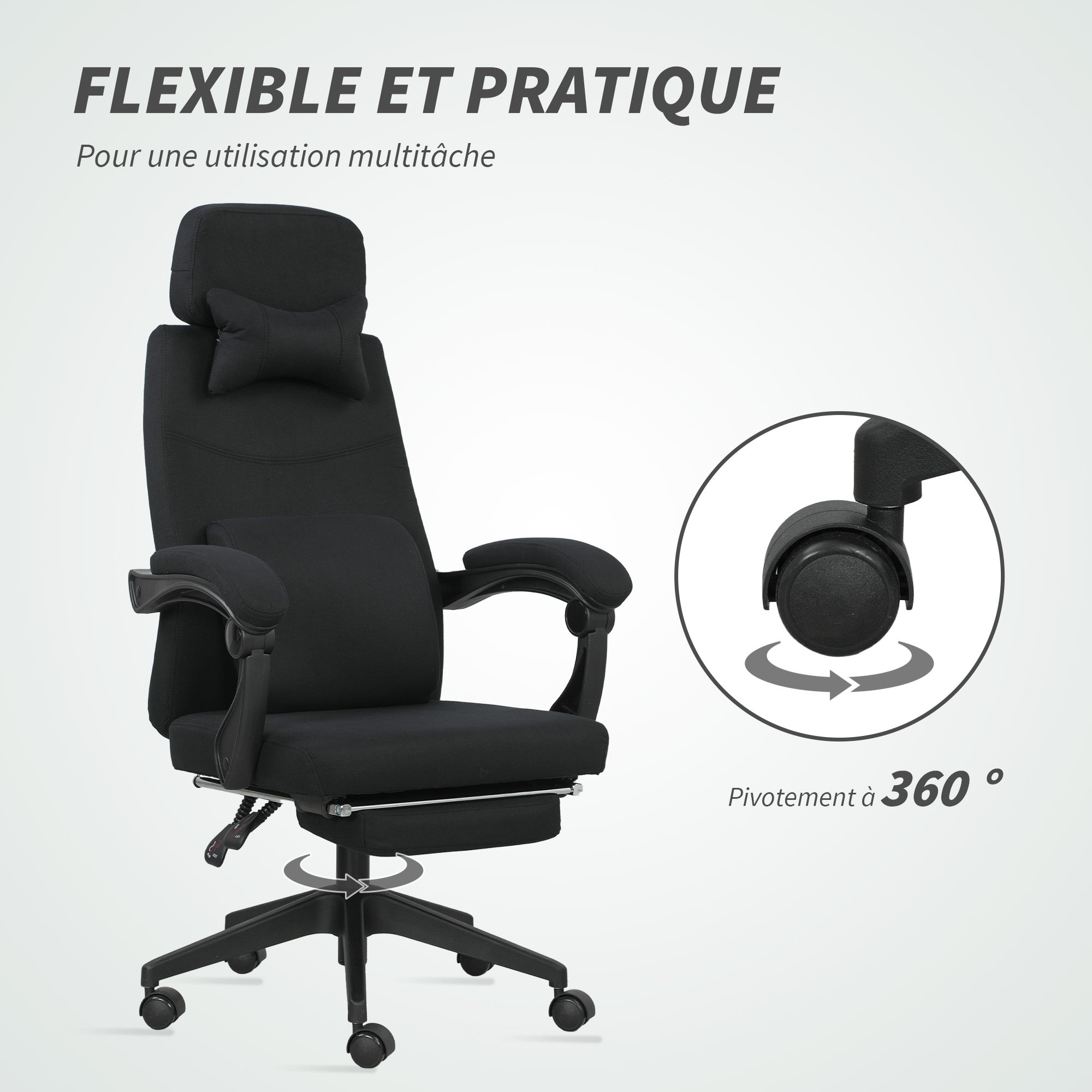 Fauteuil de bureau chaise de bureau grand confort dossier réglable repose-pied roulettes 360° lin 62 x 68 x 127 cm noir