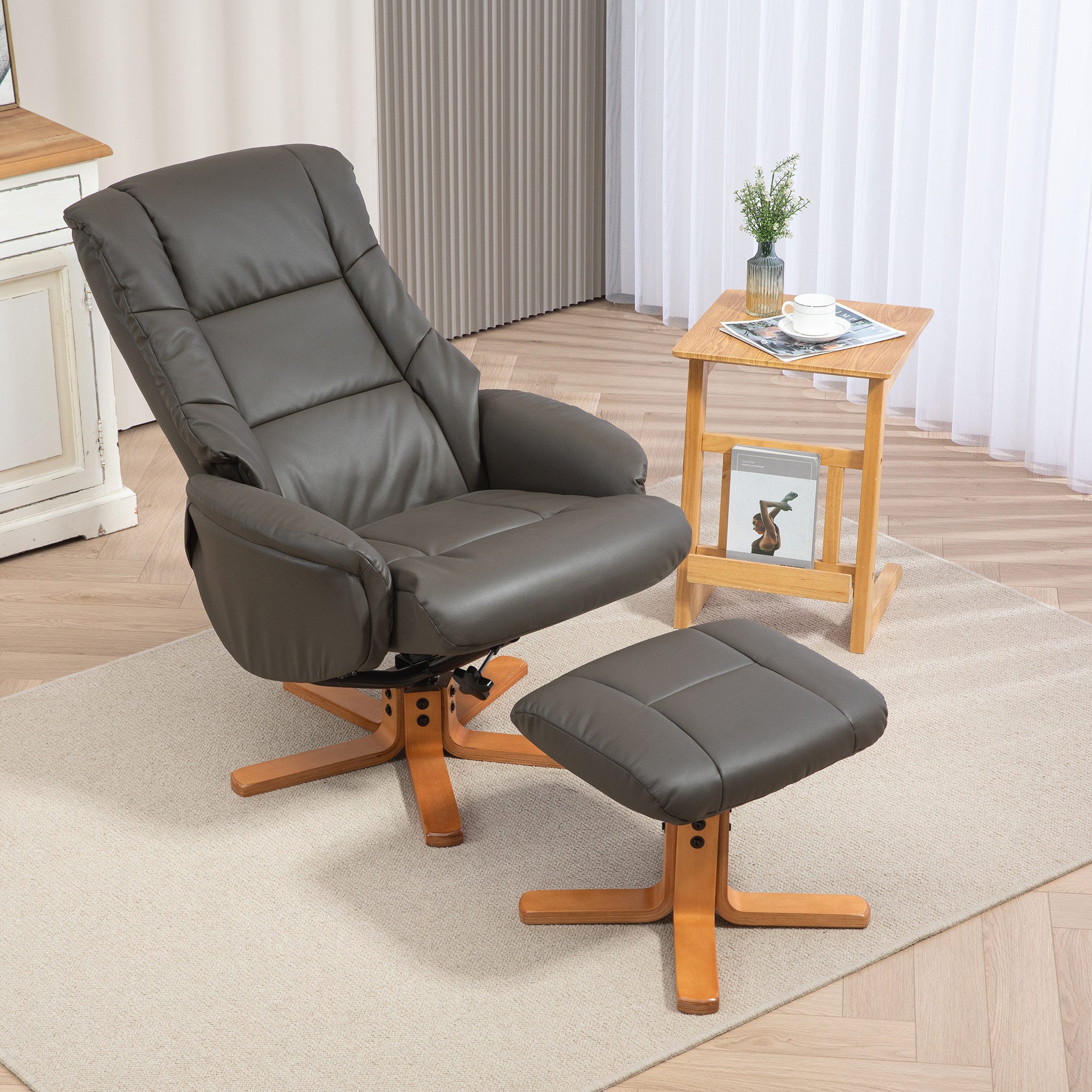 Fauteuil de relaxation avec repose-pied, fauteuil relax salon, dossier à bascule, fauteuil inclinable, assise rembourrée, revêtement synthétique, cadre en bois massif, design contemporain, gris