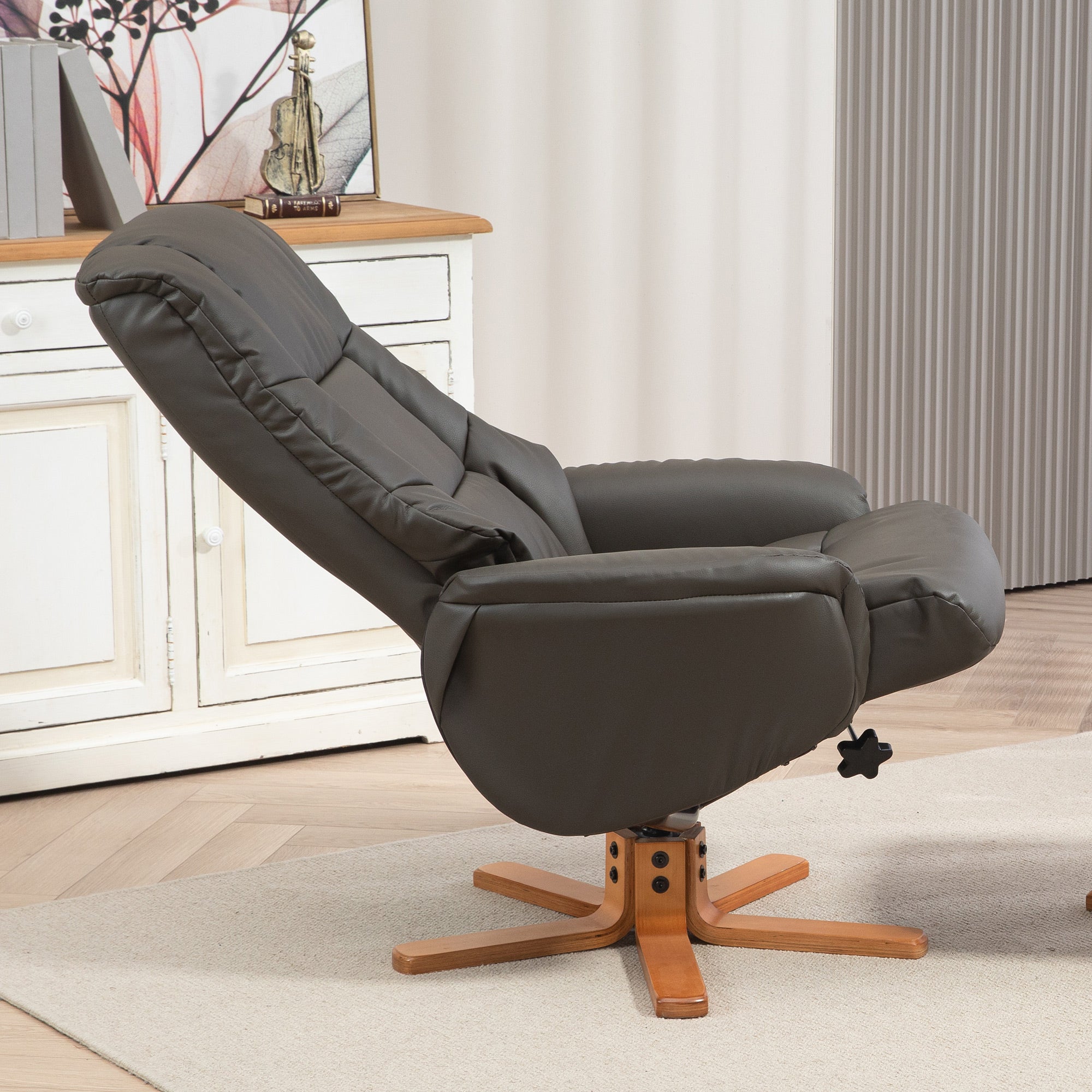 Fauteuil de relaxation avec repose-pied, fauteuil relax salon, dossier à bascule, fauteuil inclinable, assise rembourrée, revêtement synthétique, cadre en bois massif, design contemporain, gris