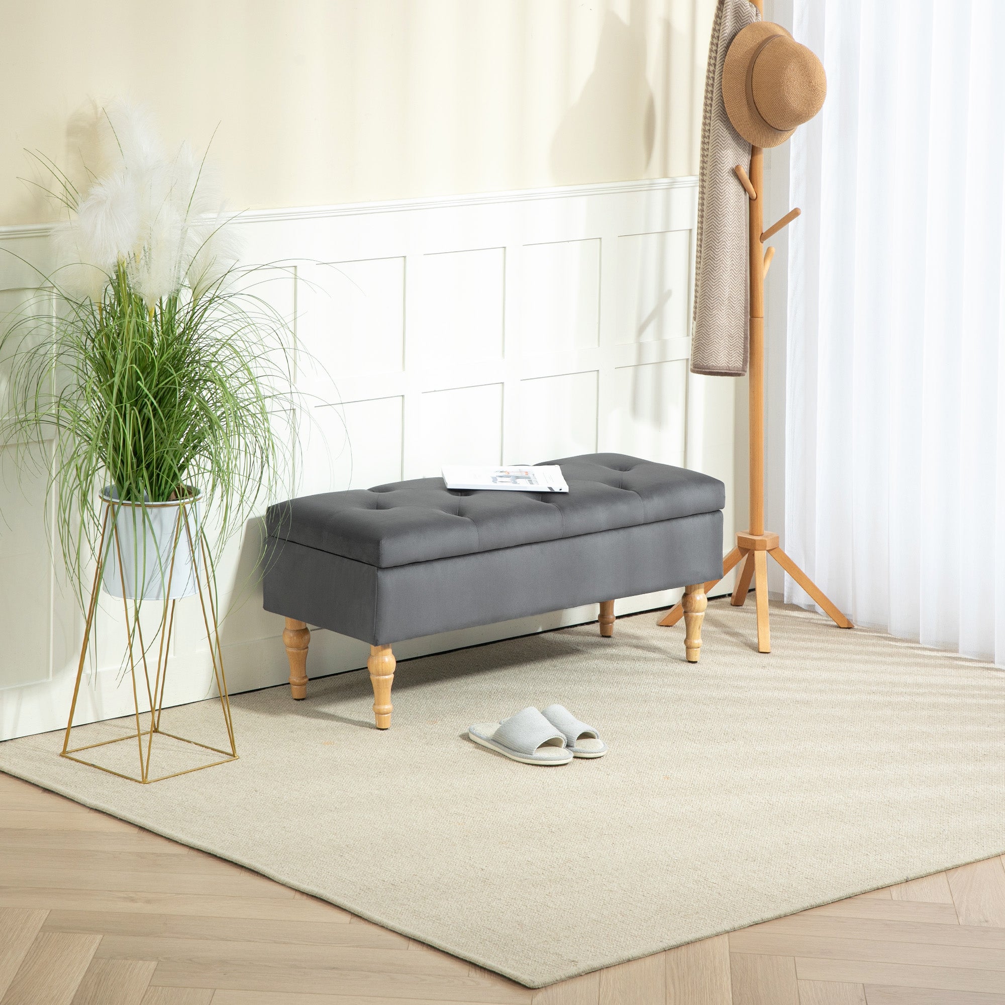 Banc coffre rangement 2 en 1 banquette en velours banc de rangement 38L style médiéval avec couvercle à charnière capitonné et pieds en bois pour couloir, salon, chambre, 102 x 38 x 41 cm, gris