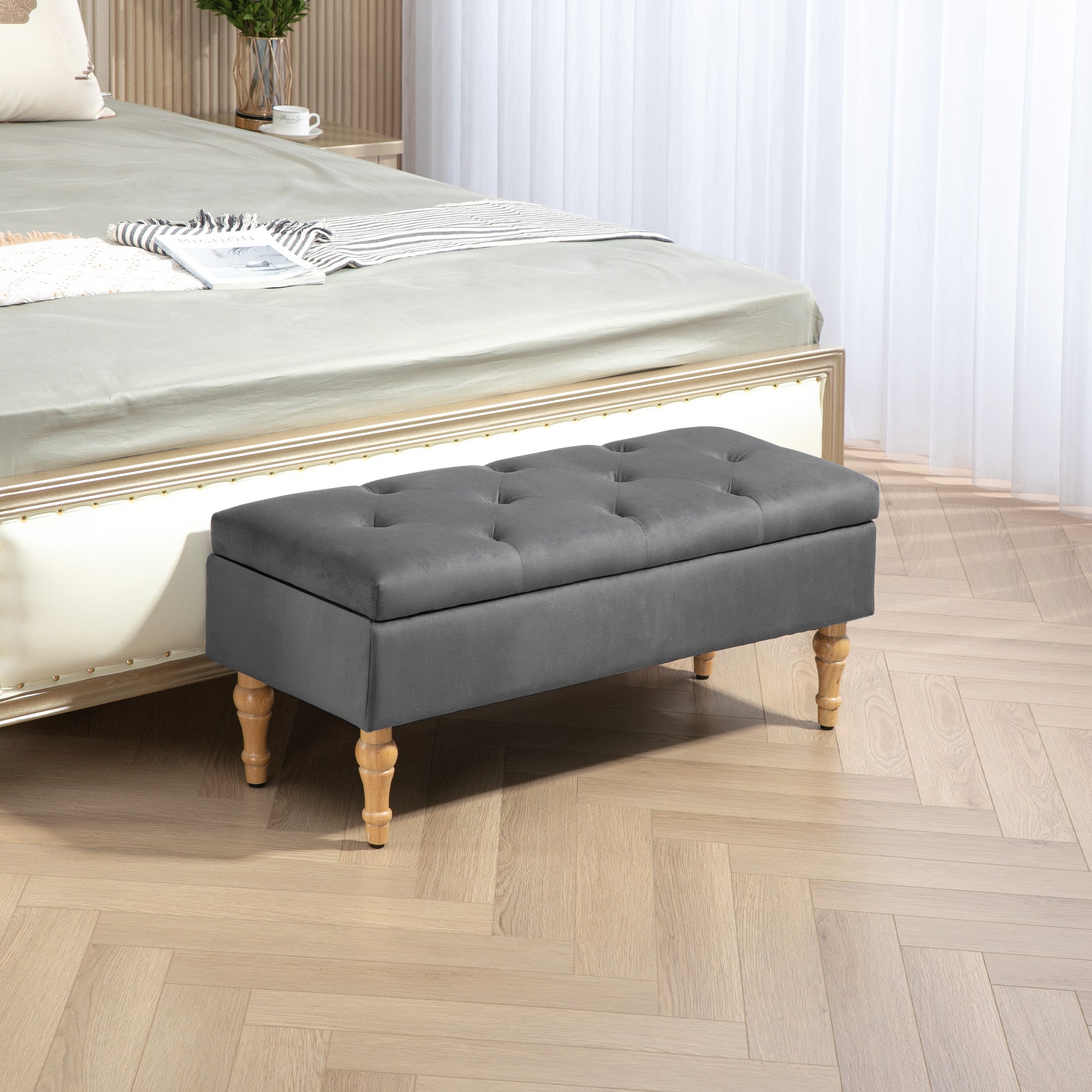 Banc coffre rangement 2 en 1 banquette en velours banc de rangement 38L style médiéval avec couvercle à charnière capitonné et pieds en bois pour couloir, salon, chambre, 102 x 38 x 41 cm, gris