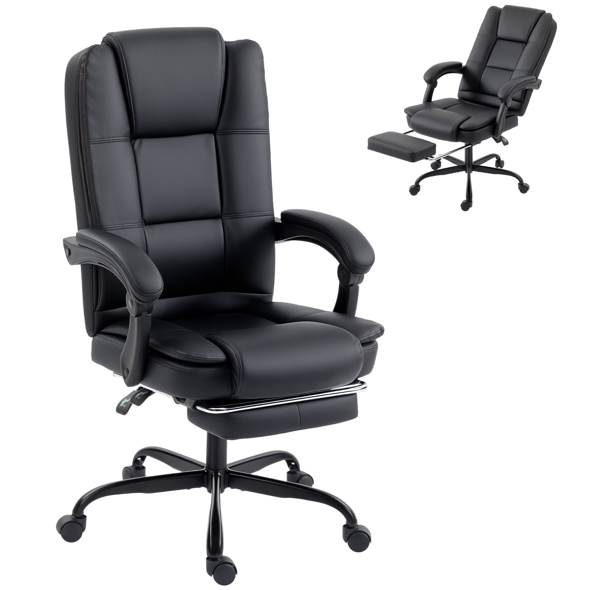 Chaise de Bureau Ergonomique, Fauteuil de Bureau Inclinable en PU avec Repose-Pieds Rétractable, Hauteur Réglable, Dossier Haut, Coussin Épais, Accoudoirs Liés, Pivotant 360°, Noir