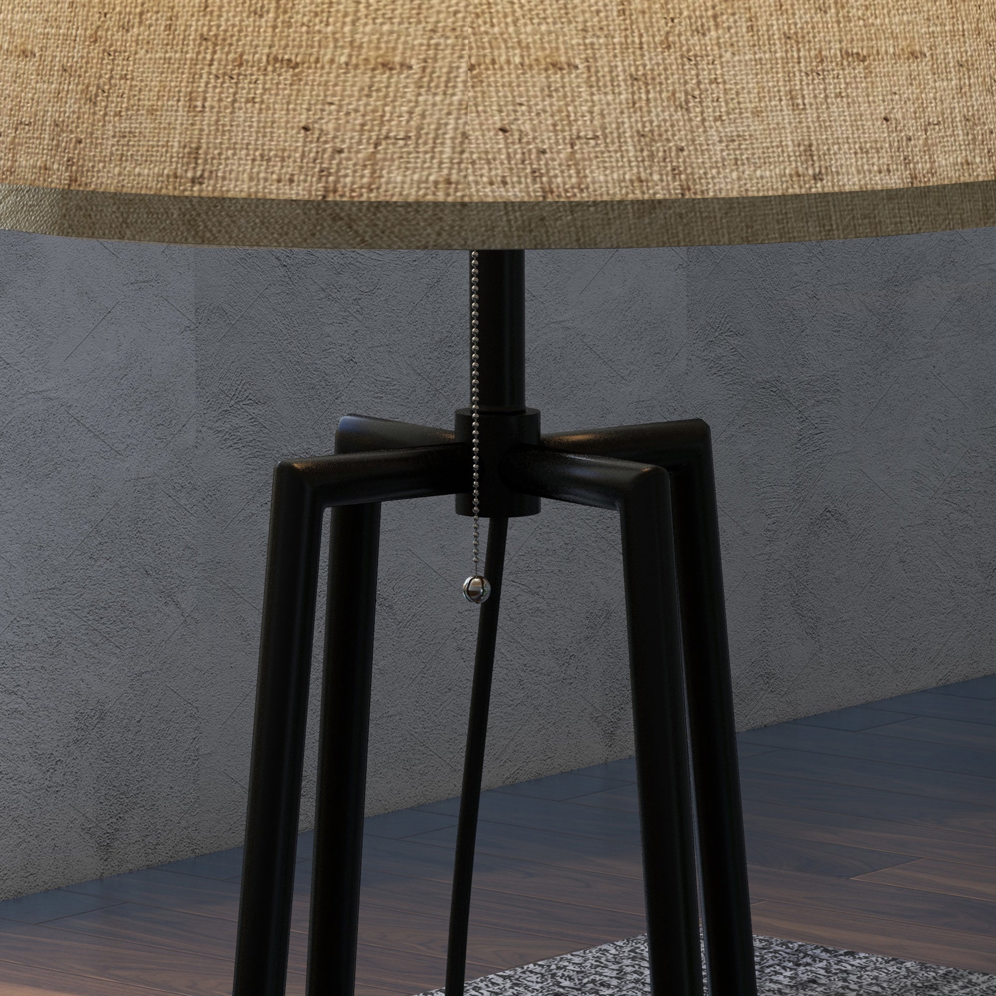 Lampadaire, lampe de salon sur pied, 2 étagères de rangement, douille E27, 40 W, interrupteur à tirette inclus, abat-jour tissu, métal, design moderne, noir marron