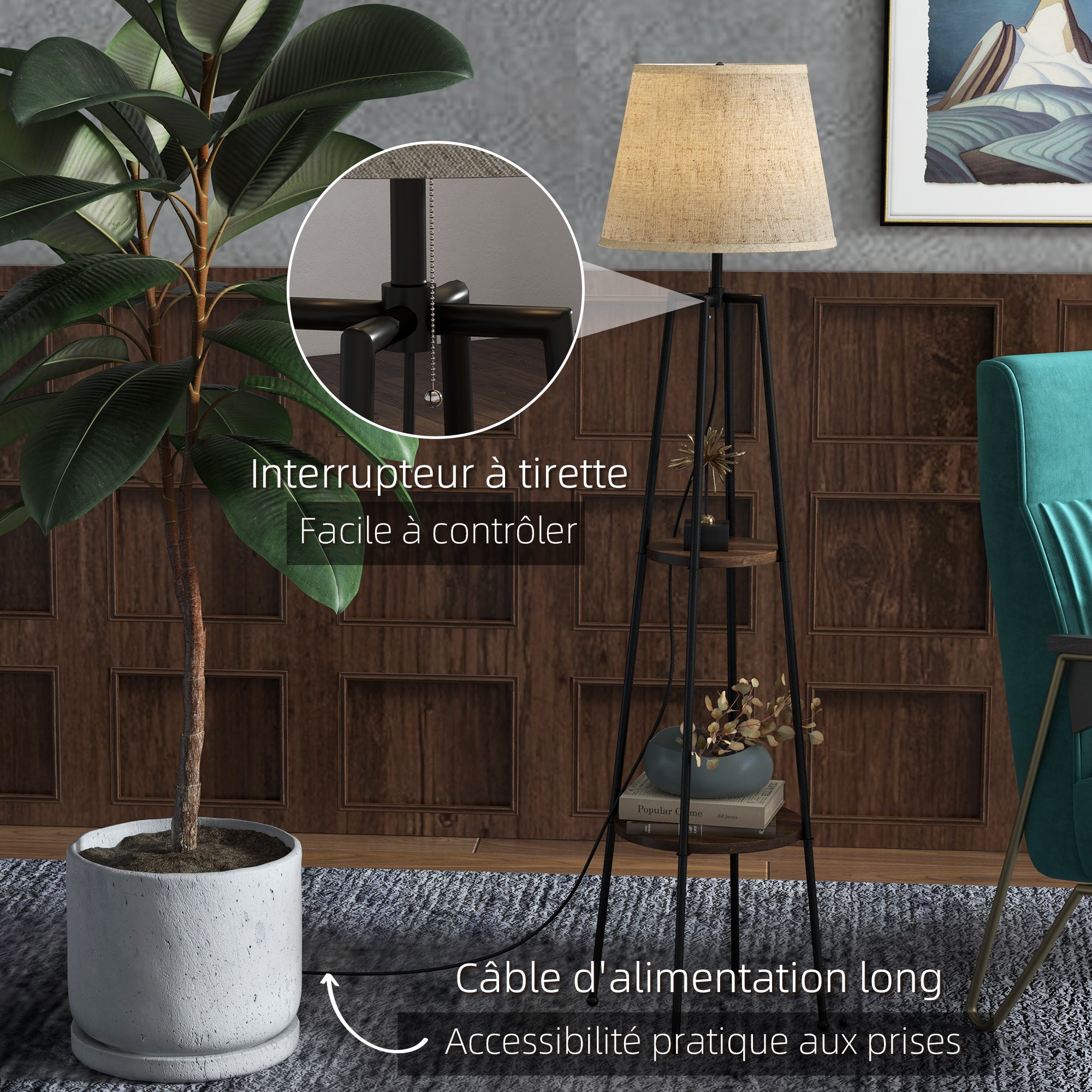 Lampadaire, lampe de salon sur pied, 2 étagères de rangement, douille E27, 40 W, interrupteur à tirette inclus, abat-jour tissu, métal, design moderne, noir marron