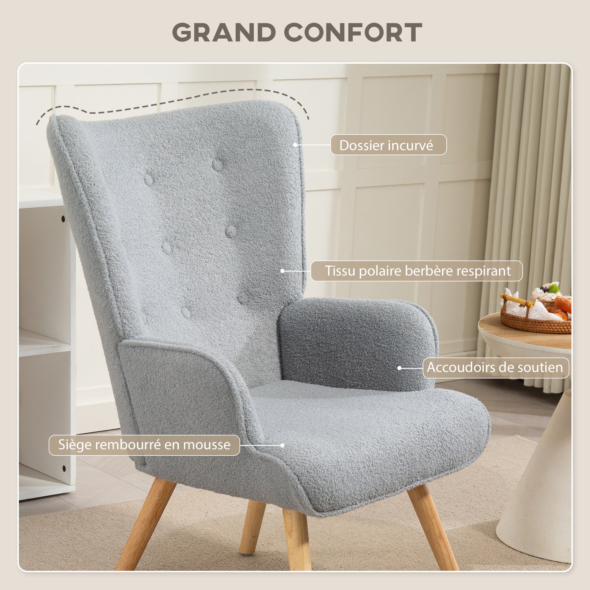 Fauteuil de salon en tissu bouclette, fauteuil moderne, capitonné et rembourré avec pieds en bois, accoudoirs et dossier ergonomique, pour salle à manger, salon, chambre, bureau, gris clair