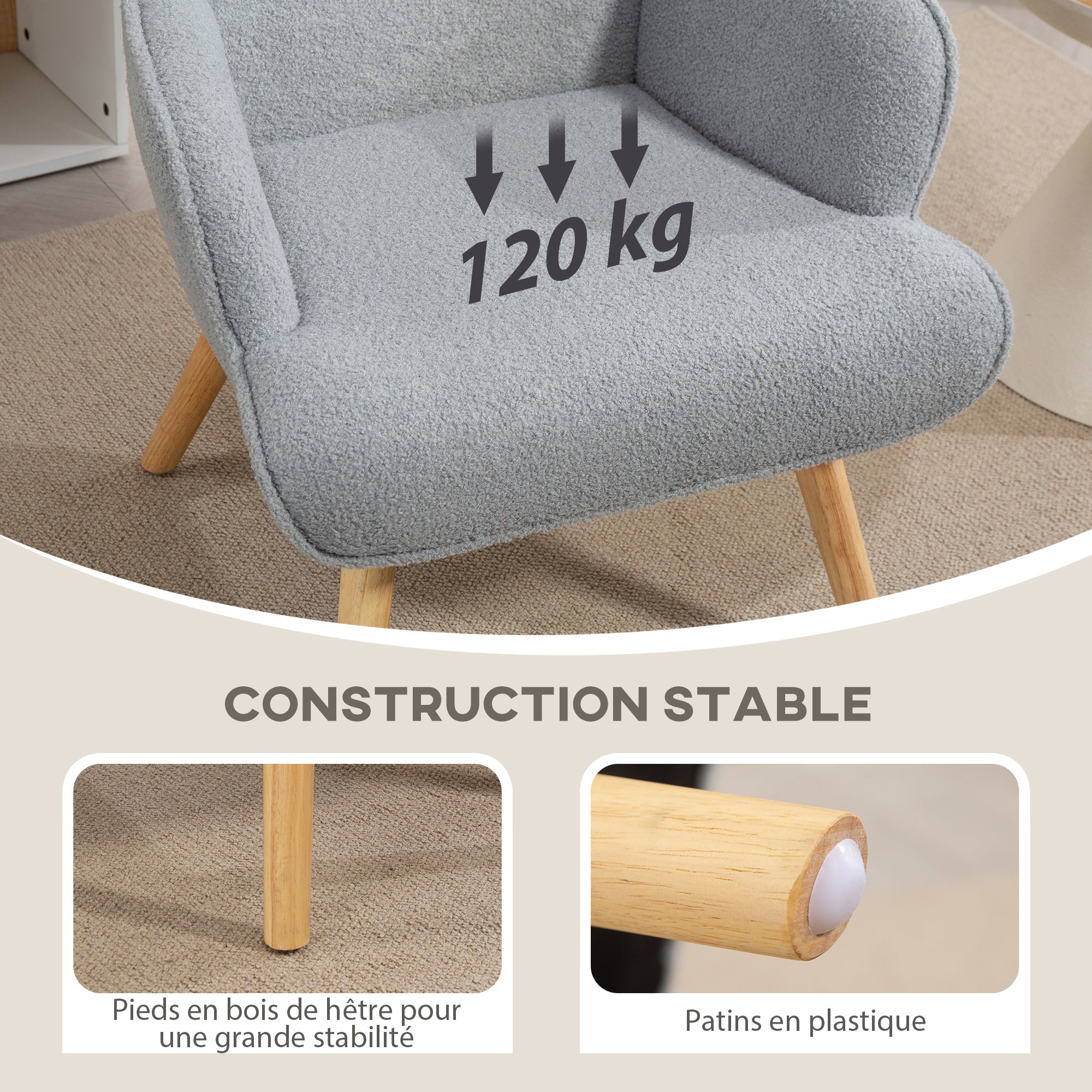Fauteuil de salon en tissu bouclette, fauteuil moderne, capitonné et rembourré avec pieds en bois, accoudoirs et dossier ergonomique, pour salle à manger, salon, chambre, bureau, gris clair