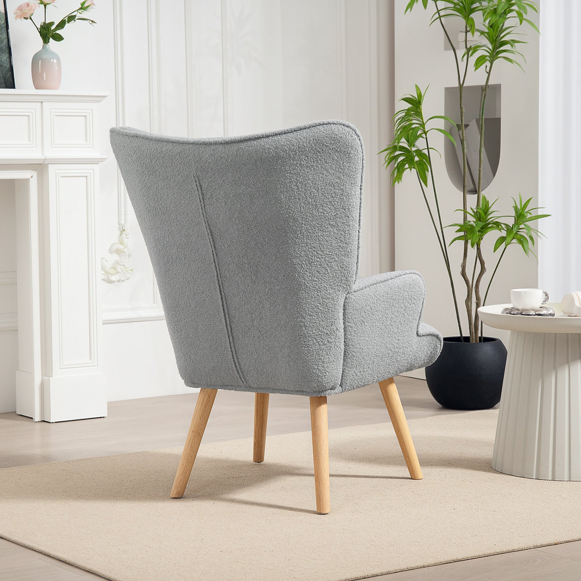 Fauteuil de salon en tissu bouclette, fauteuil moderne, capitonné et rembourré avec pieds en bois, accoudoirs et dossier ergonomique, pour salle à manger, salon, chambre, bureau, gris clair