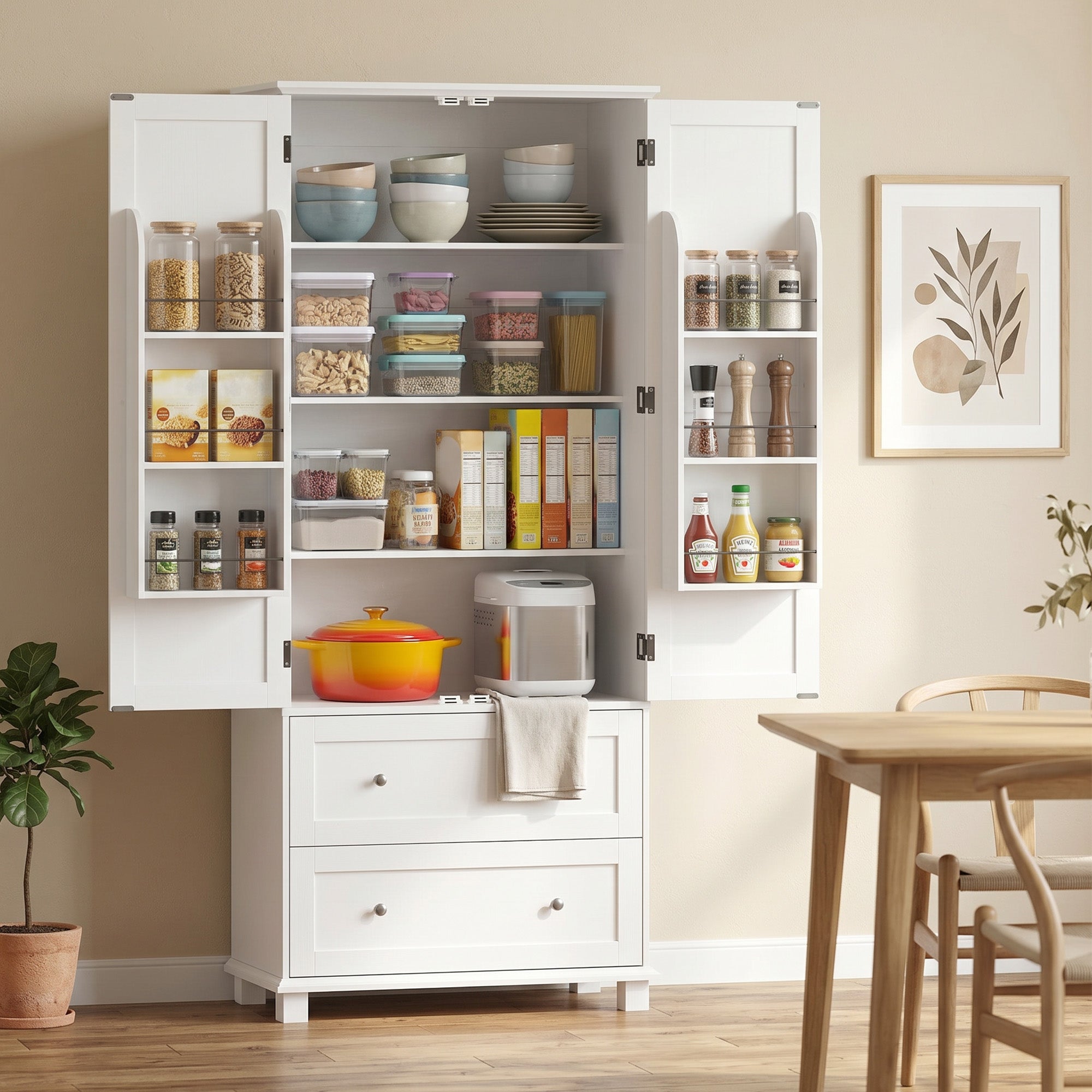 Buffet haut cuisine, armoire de cuisine, vaisselier, 2 portes 2 tiroirs 6 porte-racks étagères réglables, style rustique, meuble de rangement pour salon, salle à manger, 80x39,5x184,5cm, blanc