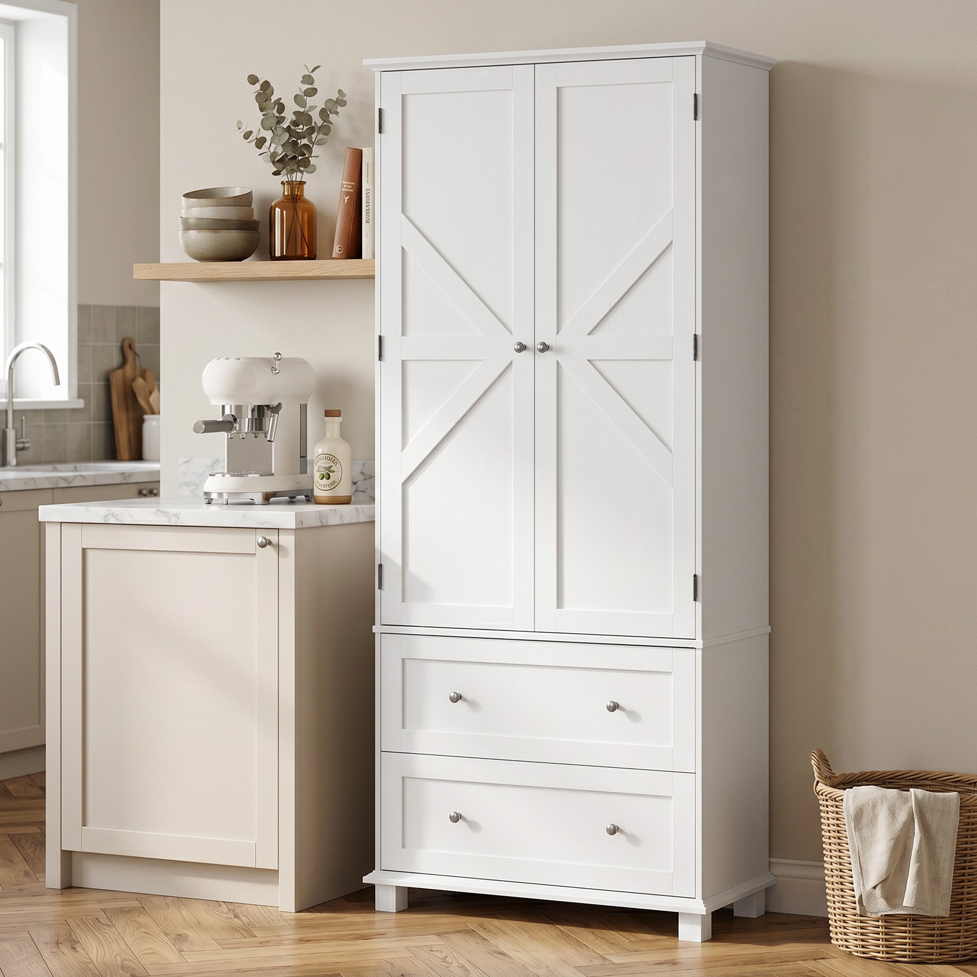 Buffet haut cuisine, armoire de cuisine, vaisselier, 2 portes 2 tiroirs 6 porte-racks étagères réglables, style rustique, meuble de rangement pour salon, salle à manger, 80x39,5x184,5cm, blanc