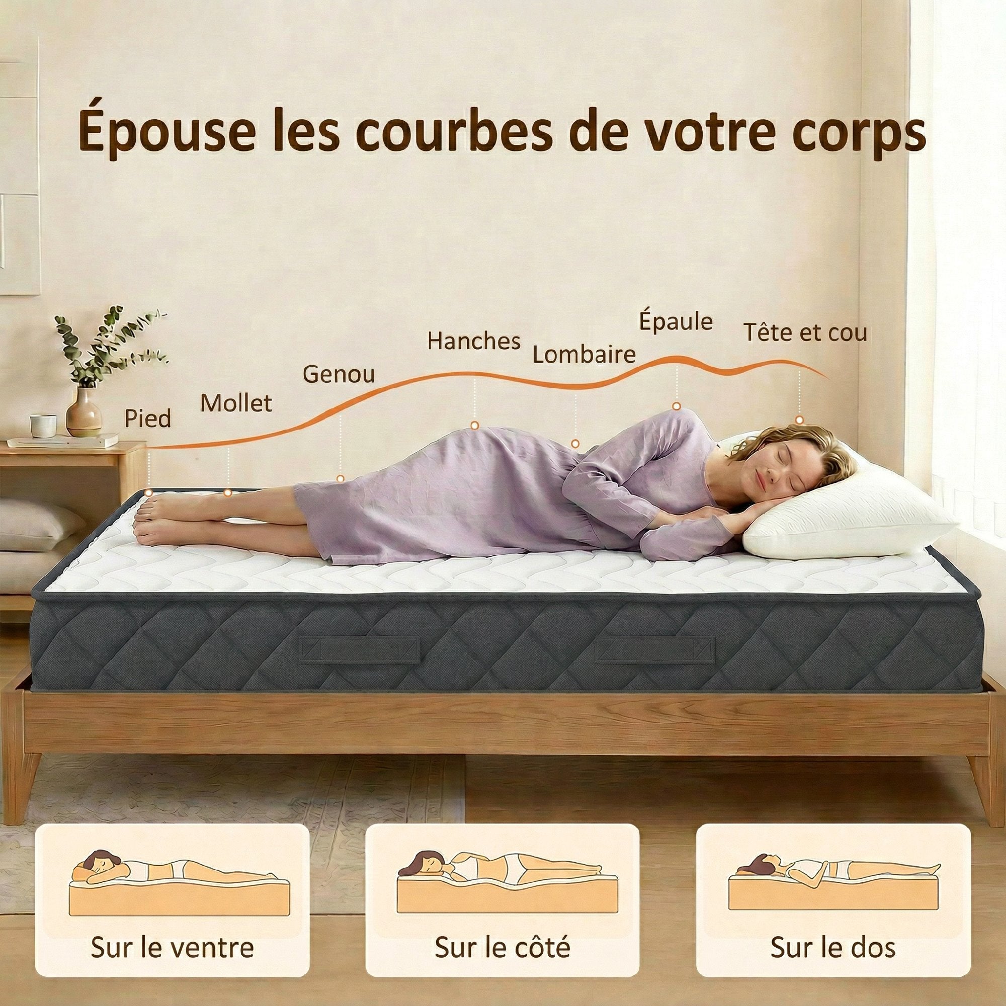 Matelas 200x160cm, Matelas 2 Personnes, Mousse à Mémoire de Forme, 20cm d'Épaisseur, Mousse Découpée en Vagues et Bords Renforcés, Certifié Oeko-Tex, Fermeté Moyenne