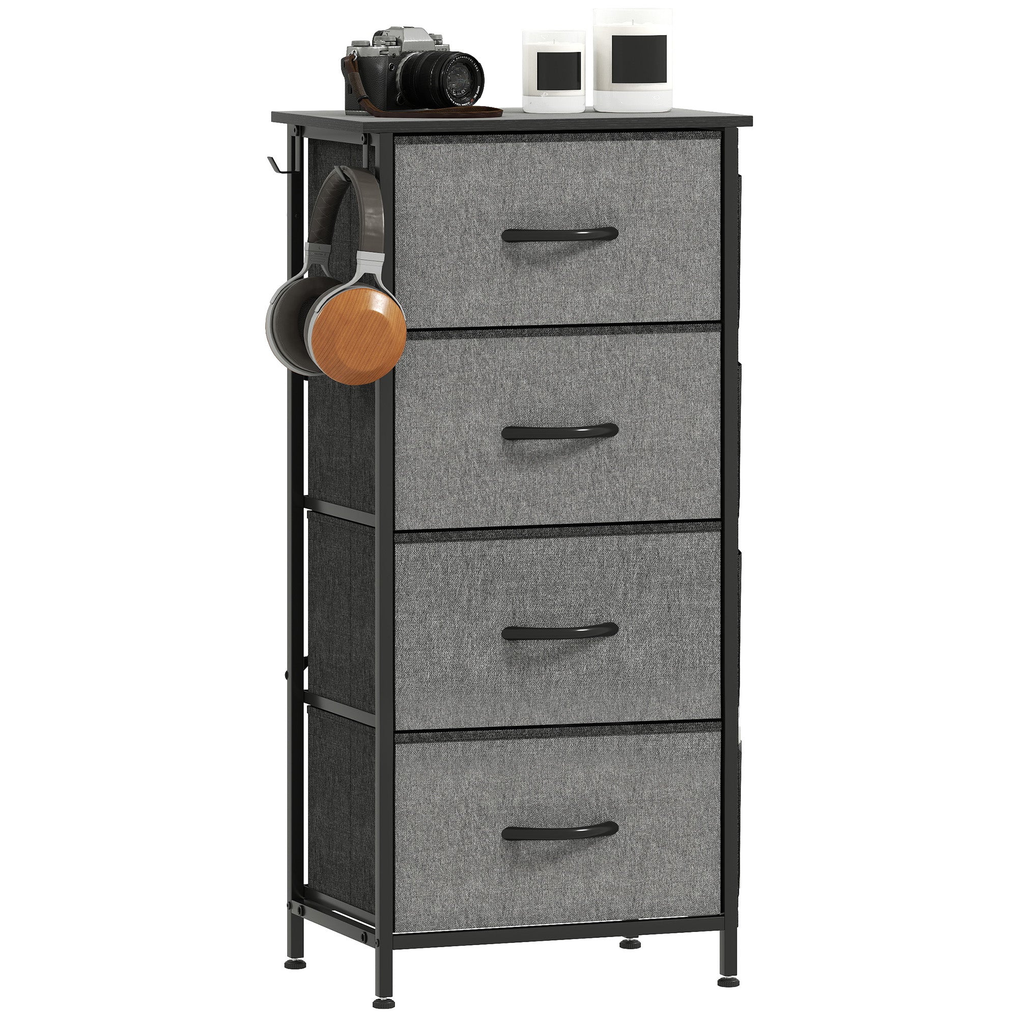 Commode 4 tiroirs en tissu, meuble de rangement avec 4 poches, 2 crochets, structure en acier, chiffonnier pour salon, chambre, entrée, gris