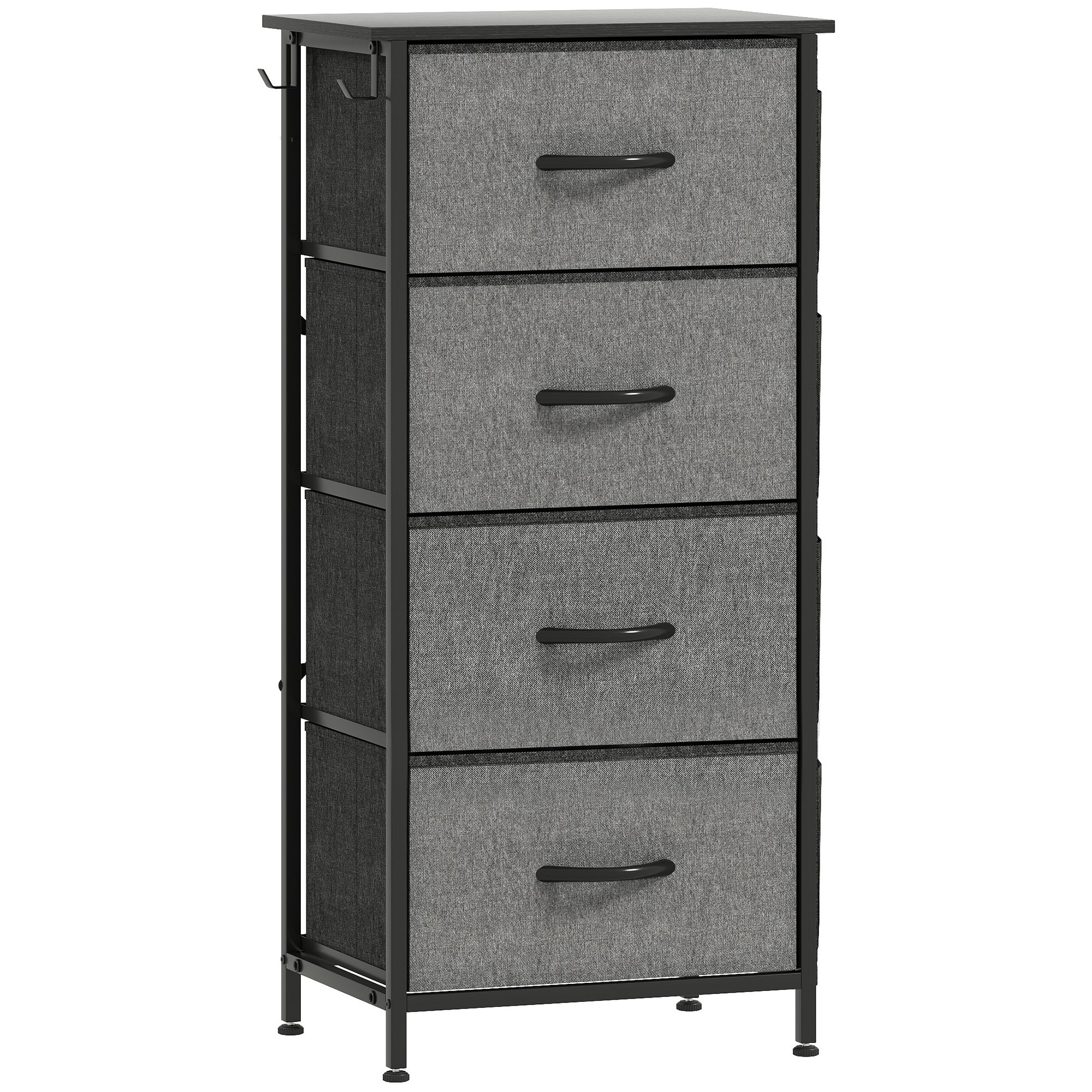 Commode 4 tiroirs en tissu, meuble de rangement avec 4 poches, 2 crochets, structure en acier, chiffonnier pour salon, chambre, entrée, gris