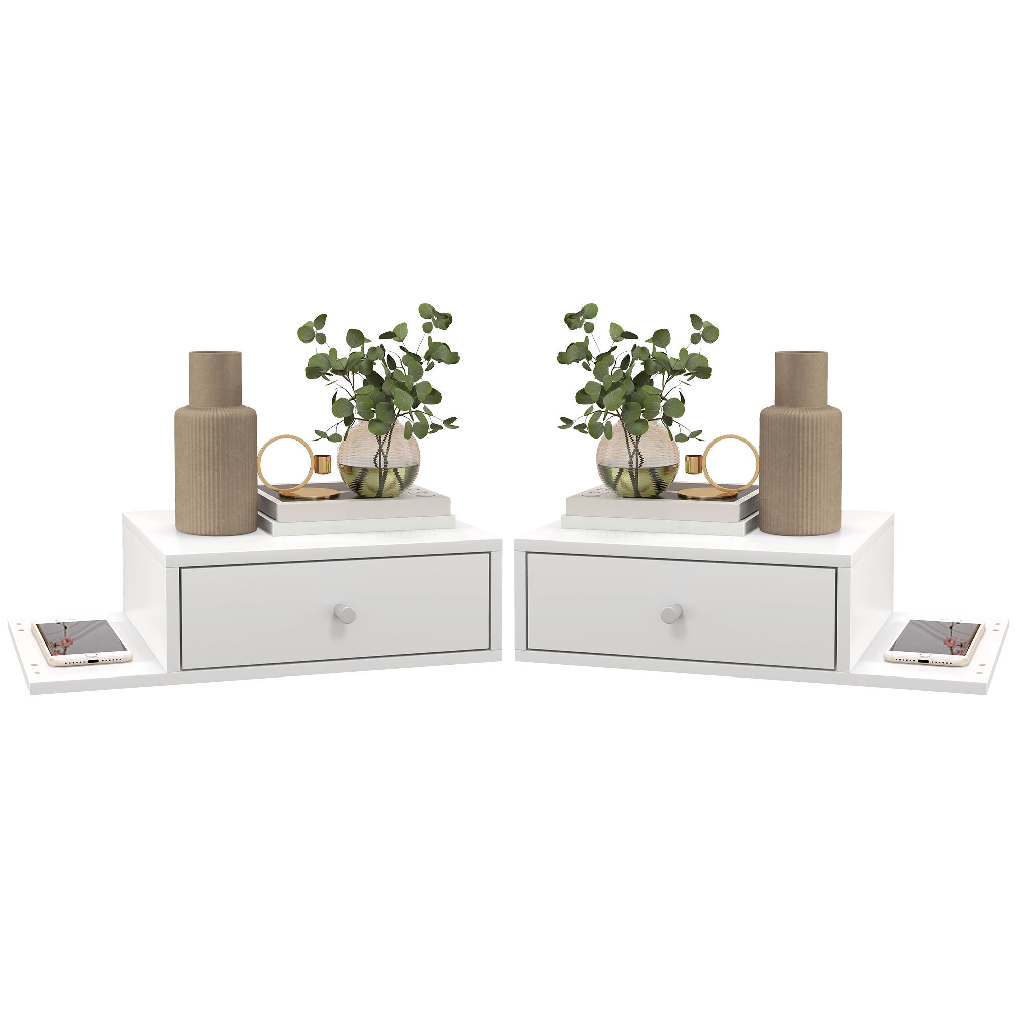 Lot de 2 tables de chevet murales - lot de 2 tables de nuit - étagère latérale et tiroir - 55l x 30P x 15H cm - en bois blanc