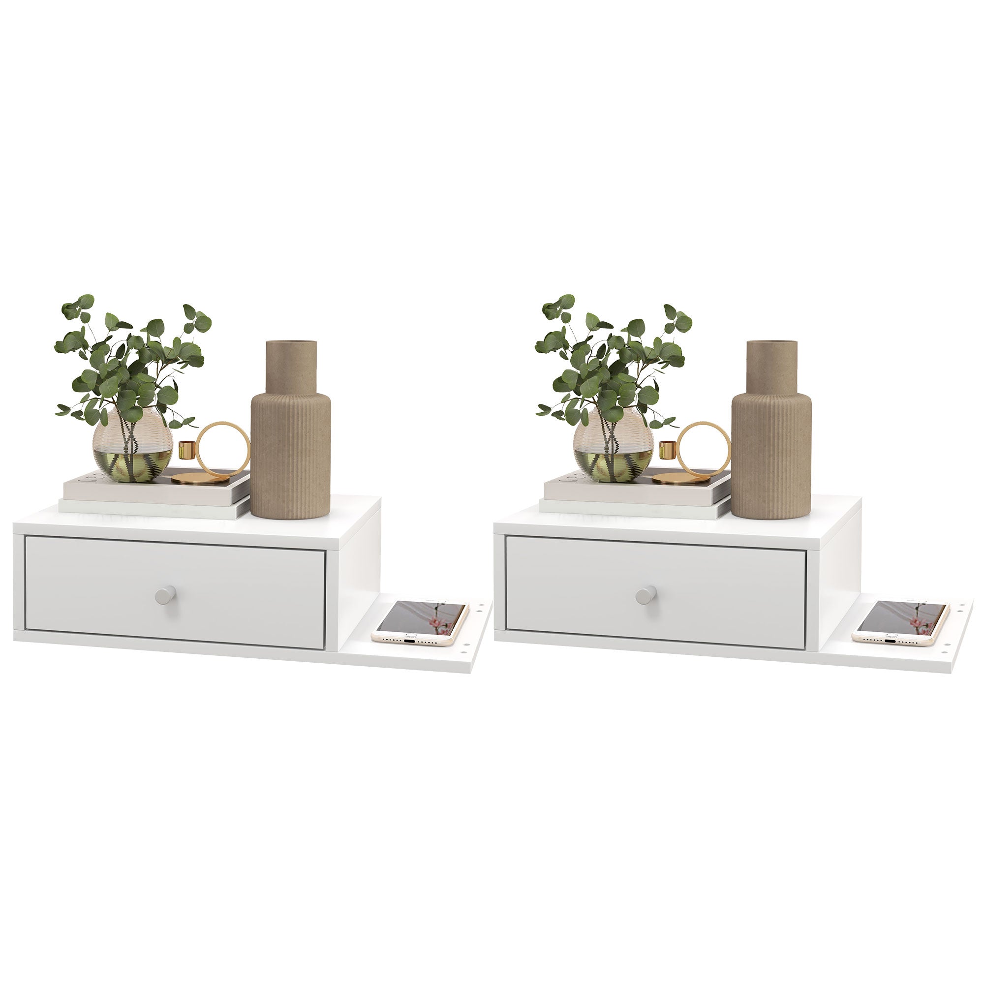 Lot de 2 tables de chevet murales - lot de 2 tables de nuit - étagère latérale et tiroir - 55l x 30P x 15H cm - en bois blanc