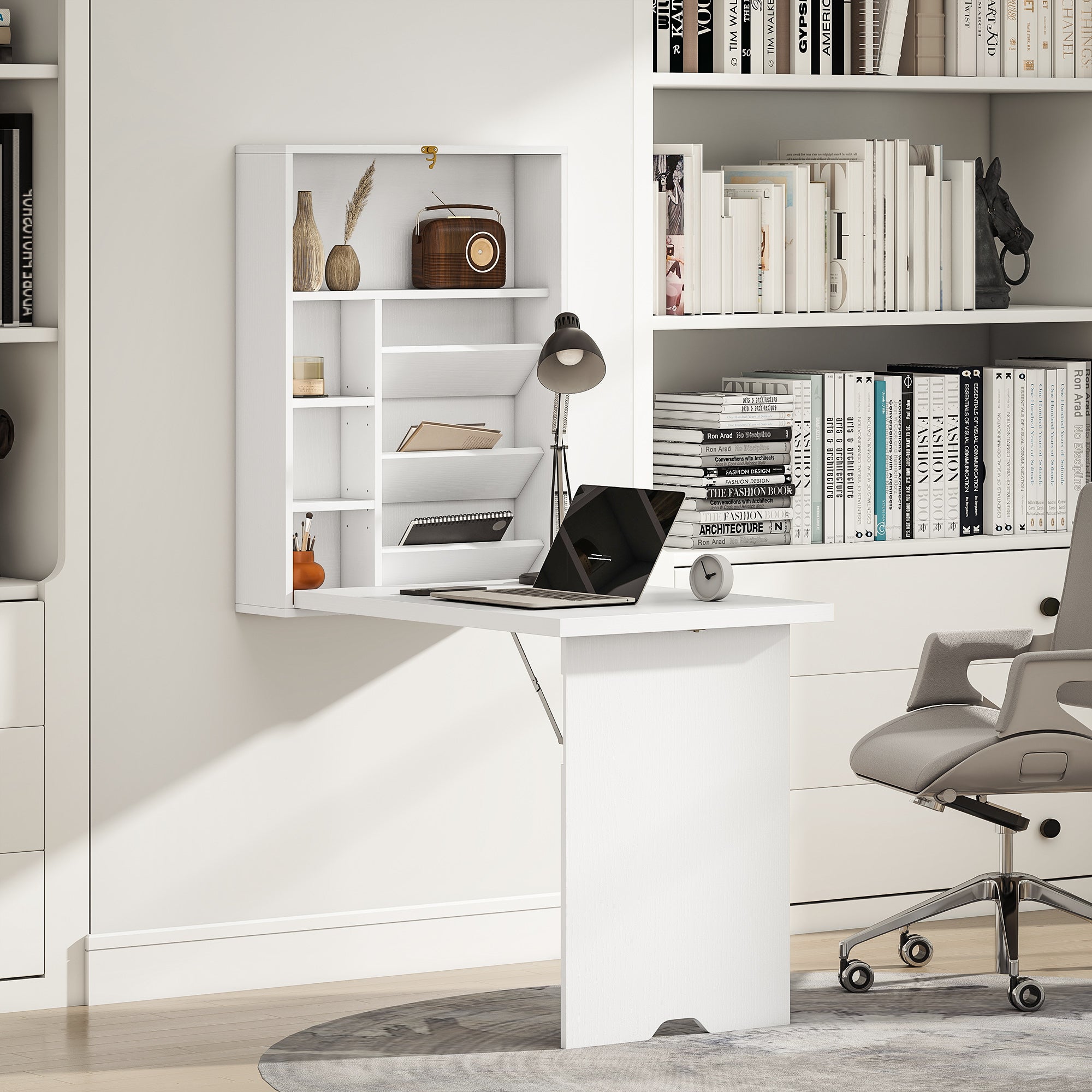 Bureau pliable mural avec étagères de rangement, bureau rabattable, table murale pliante, gain de place idéal pour salon, salle à manger, petit espace, blanc